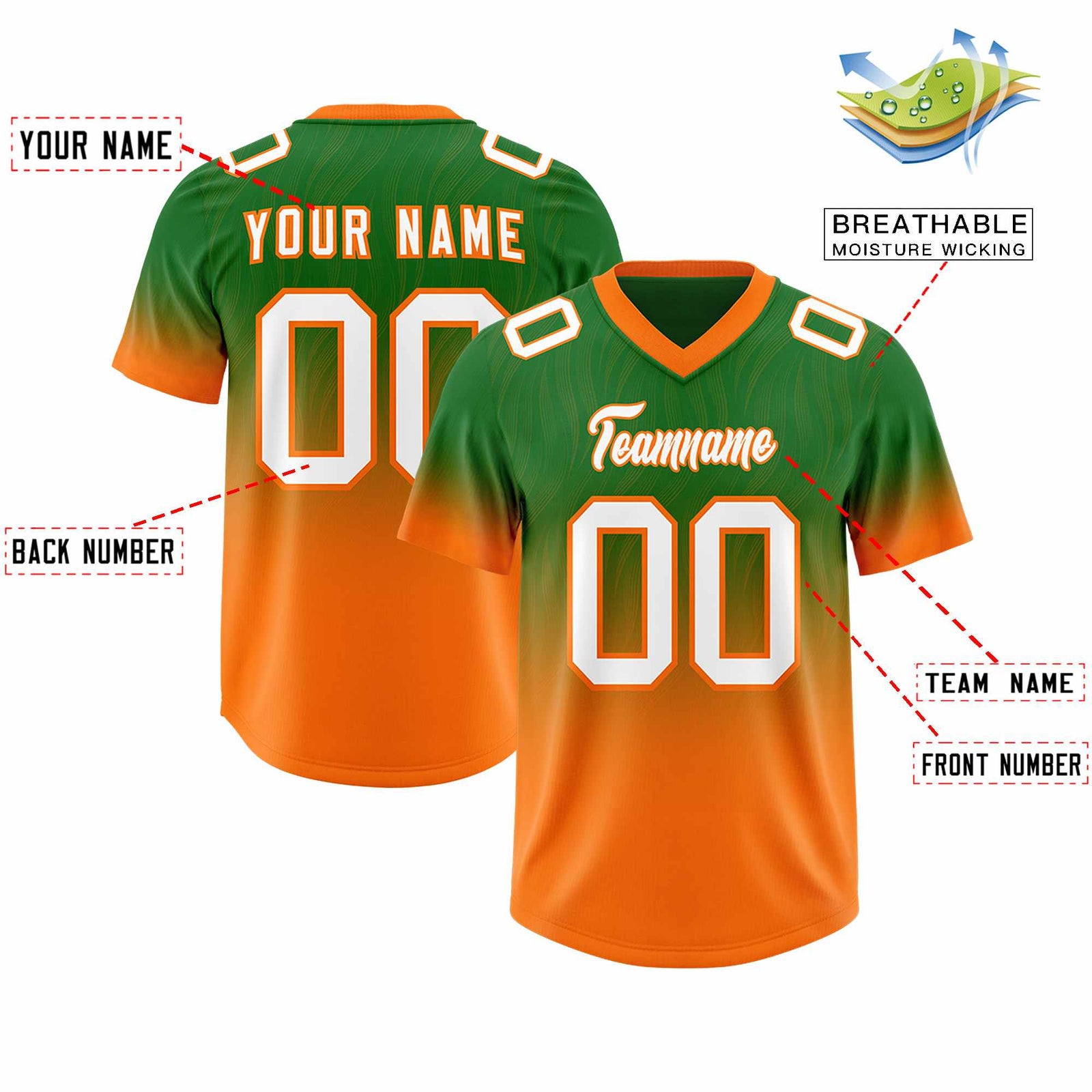 Custom Kelly Green Orange Gradient Fashion Outdoor Authentic Football Jersey
