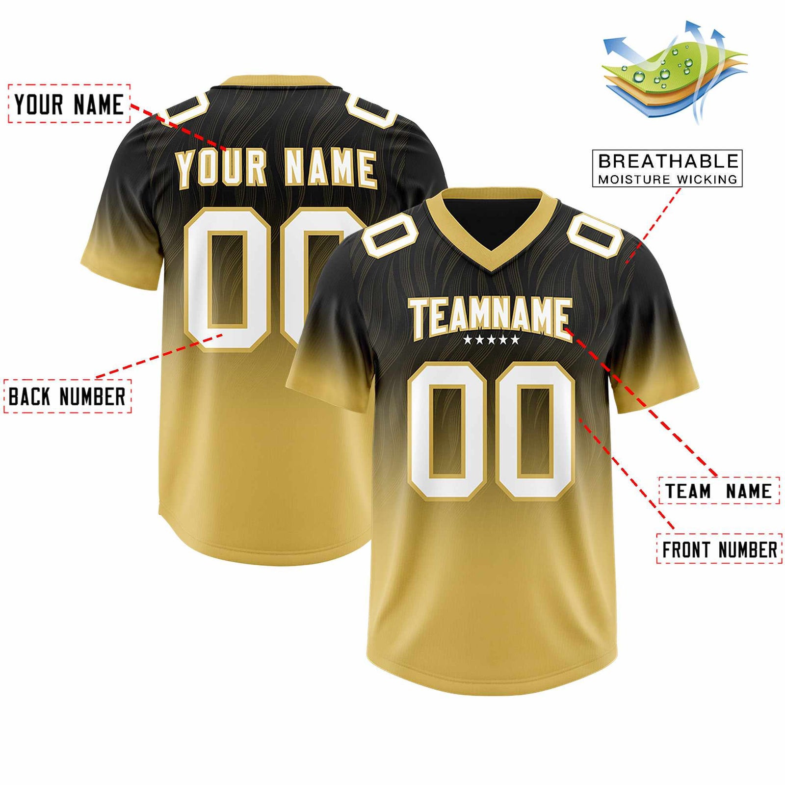 Custom Black Old Gold Gradient Fashion Outdoor Authentic Football Jersey