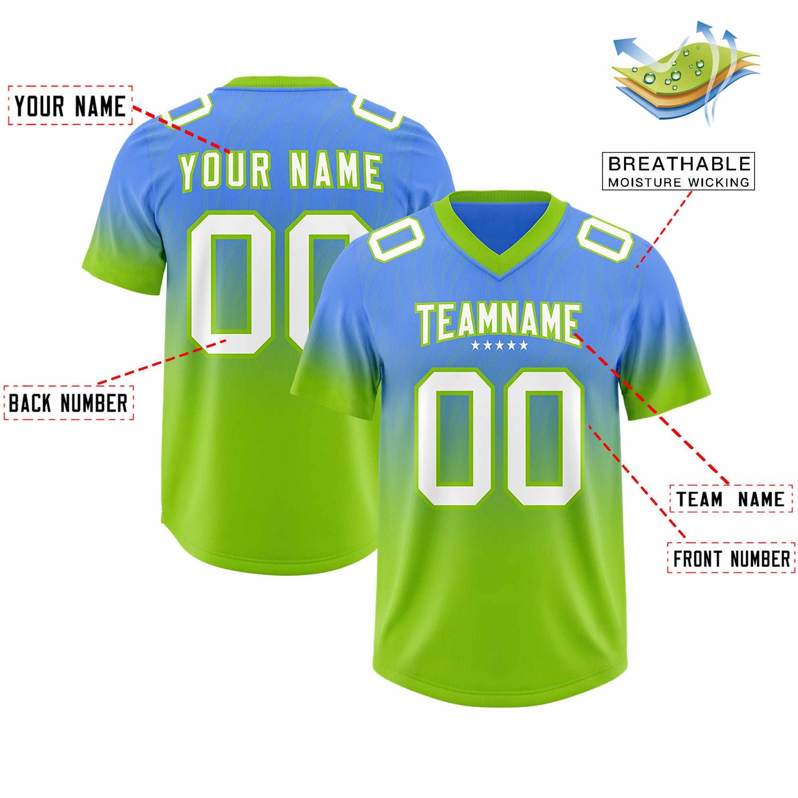 Custom Powder Blue Neon Green Gradient Fashion Outdoor Authentic Football Jersey