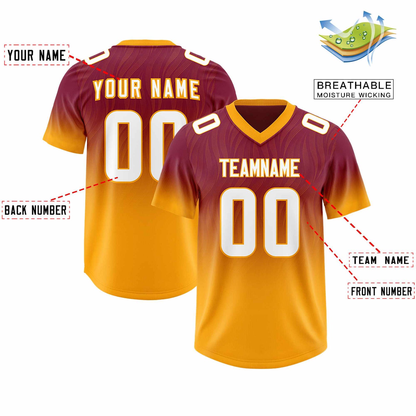 Custom Cardinal Yellow Gradient Fashion Outdoor Authentic Football Jersey