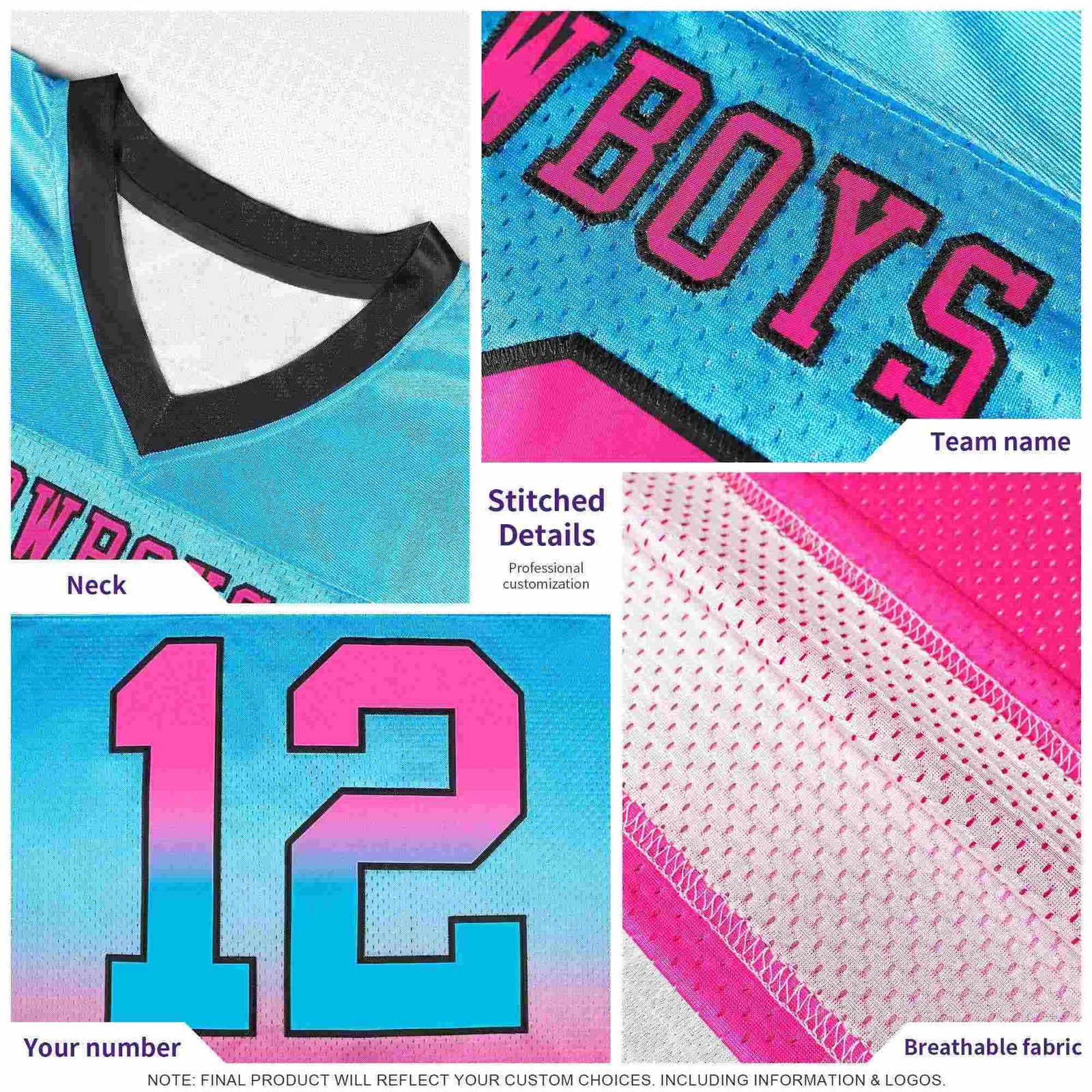 Custom Pink Powder Blue Gradient Fashion Outdoor Authentic Football Jersey
