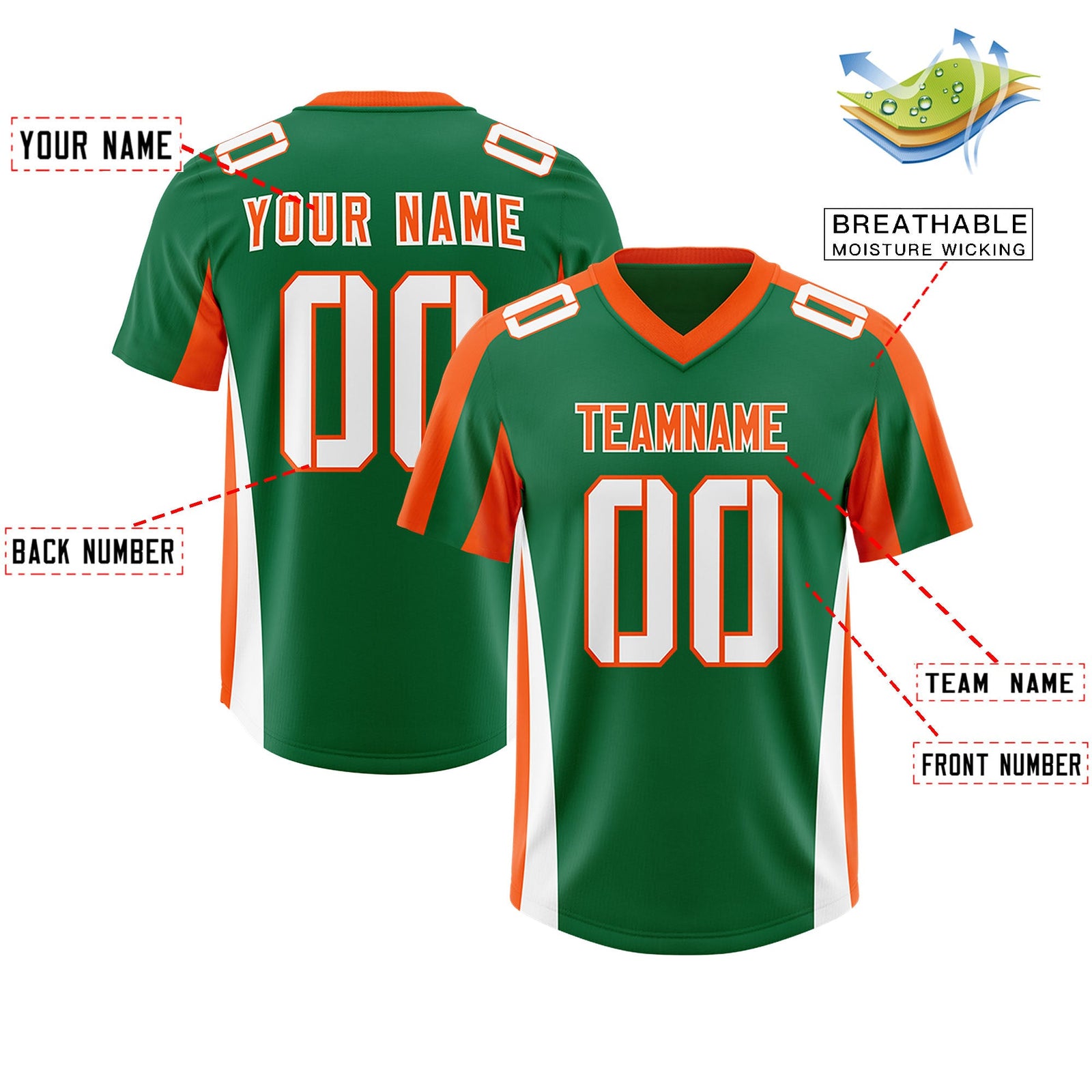 Custom Kelly Green Orange Side Stripe Pattern Authentic Football Jersey