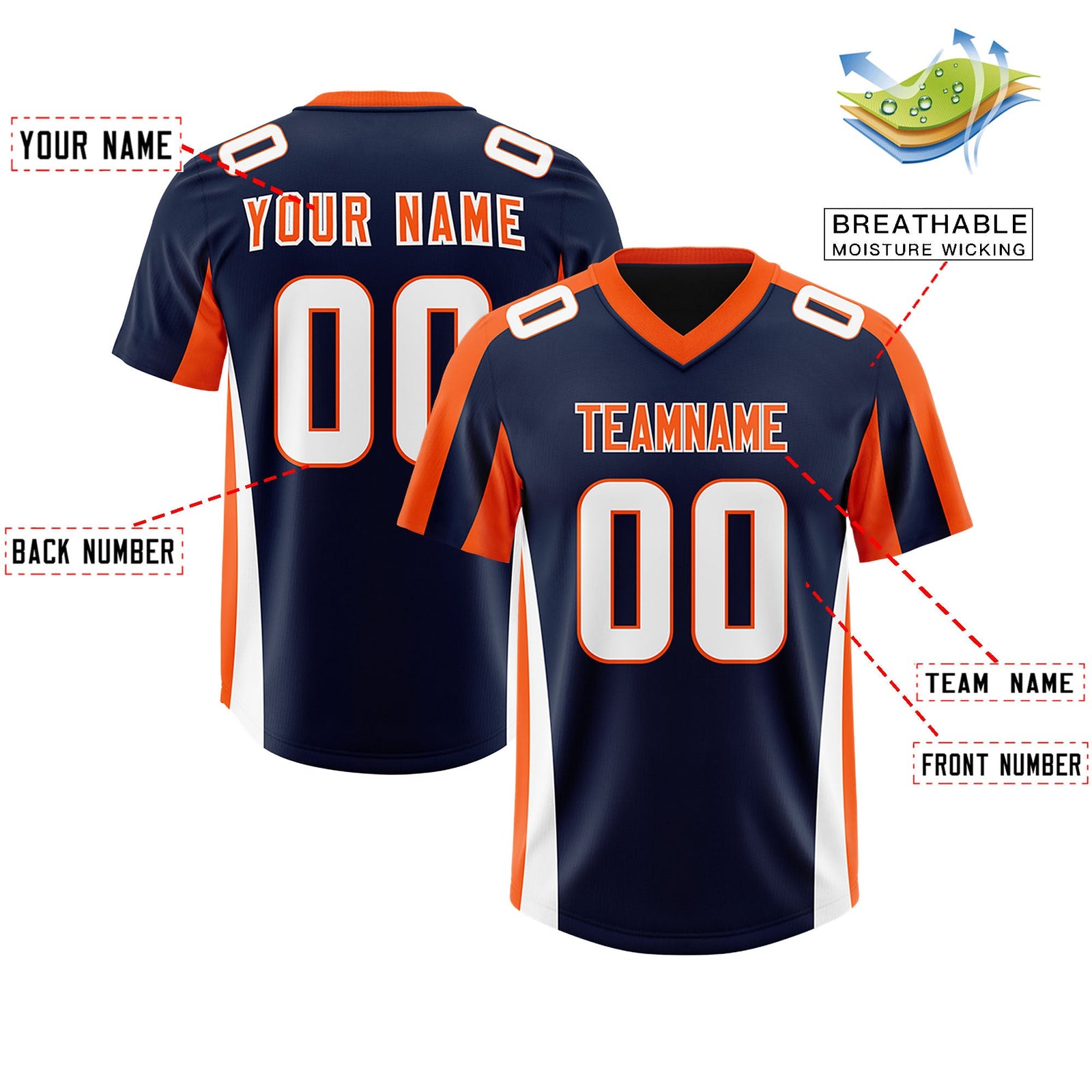 Custom Navy Orange Side Stripe Pattern Authentic Football Jersey