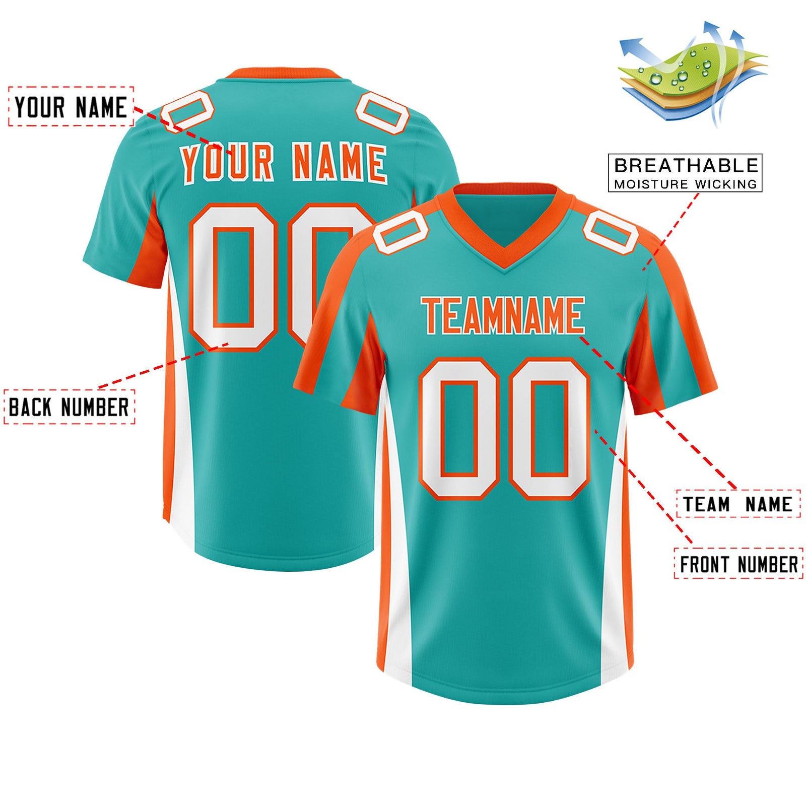 Custom Aqua Orange Side Stripe Pattern Authentic Football Jersey