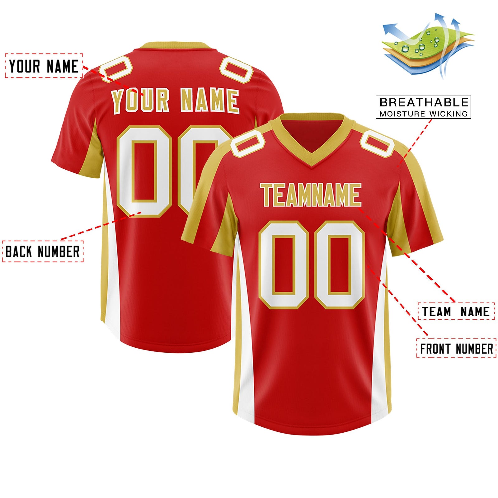 Custom Red Old Gold Side Stripe Pattern Authentic Football Jersey