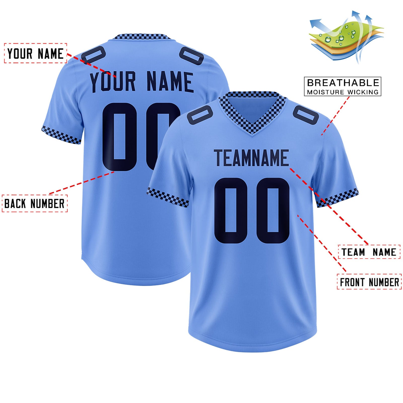 Custom Light Blue Navy Personalized Neckline Square Classic Authentic Football Jersey
