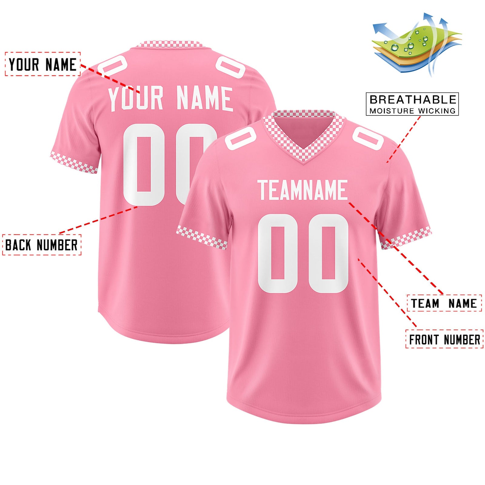 Custom Light Pink White Personalized Neckline Square Classic Authentic Football Jersey