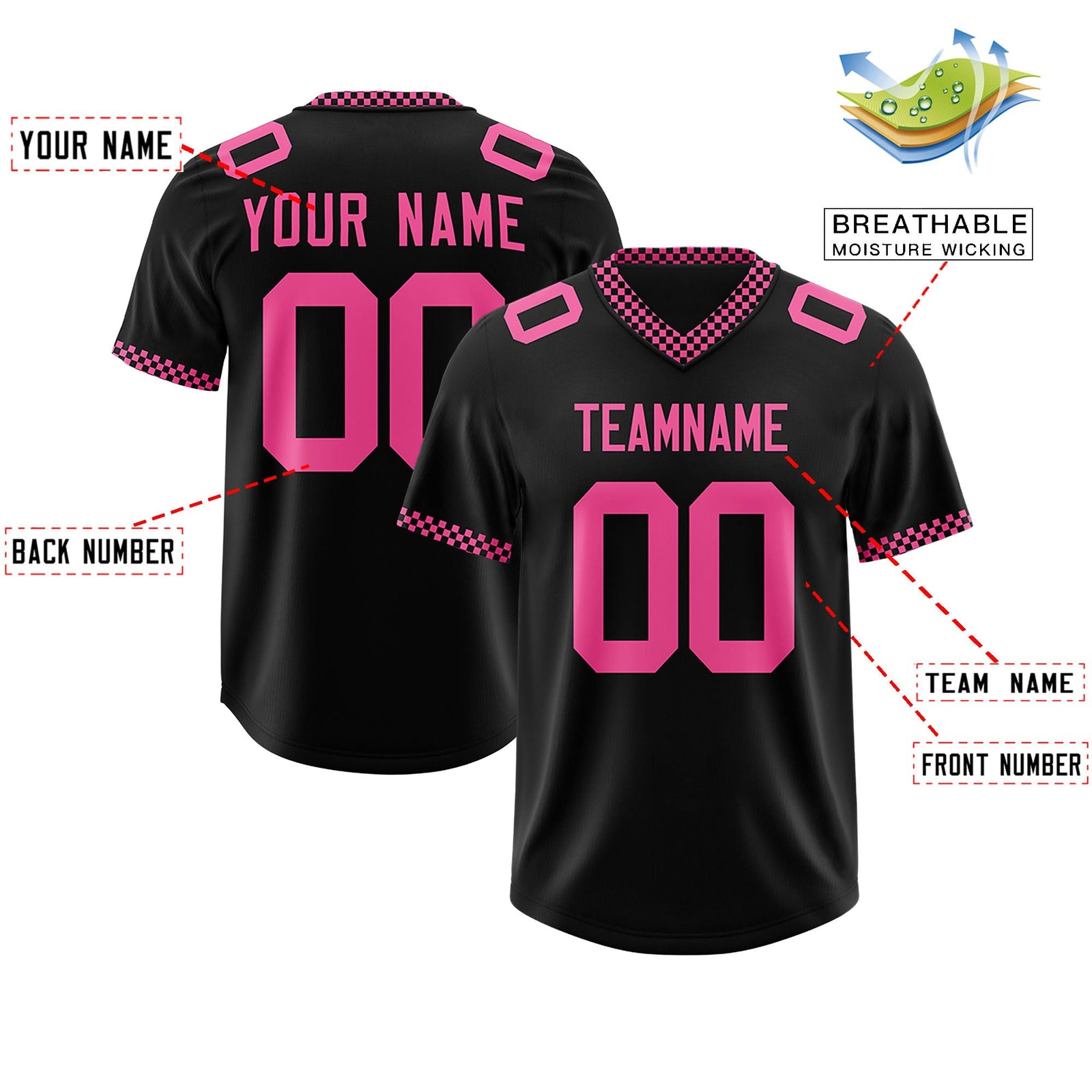 Custom Black Pink Personalized Neckline Square Classic Authentic Football Jersey