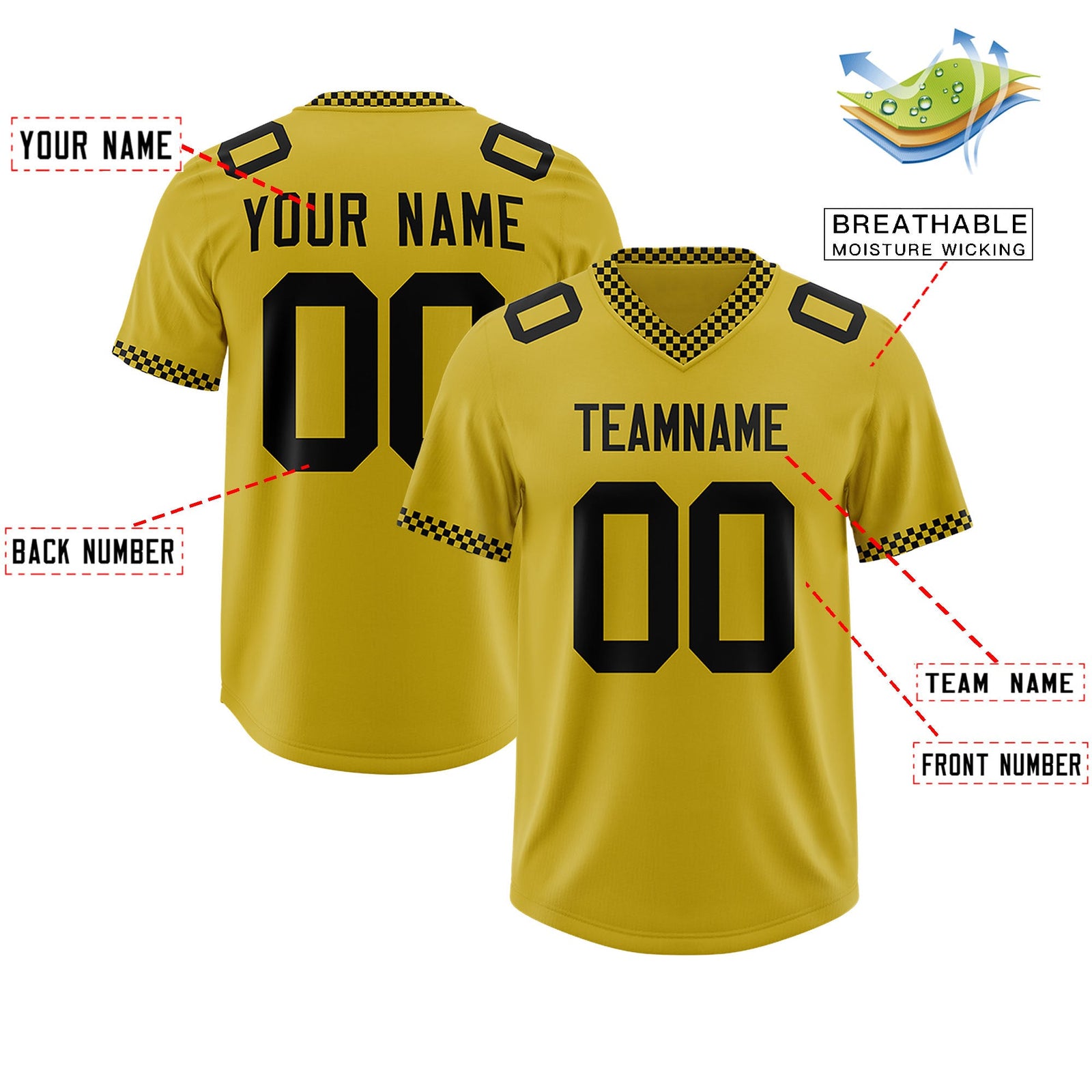 Custom Old Gold Black Personalized Neckline Square Classic Authentic Football Jersey