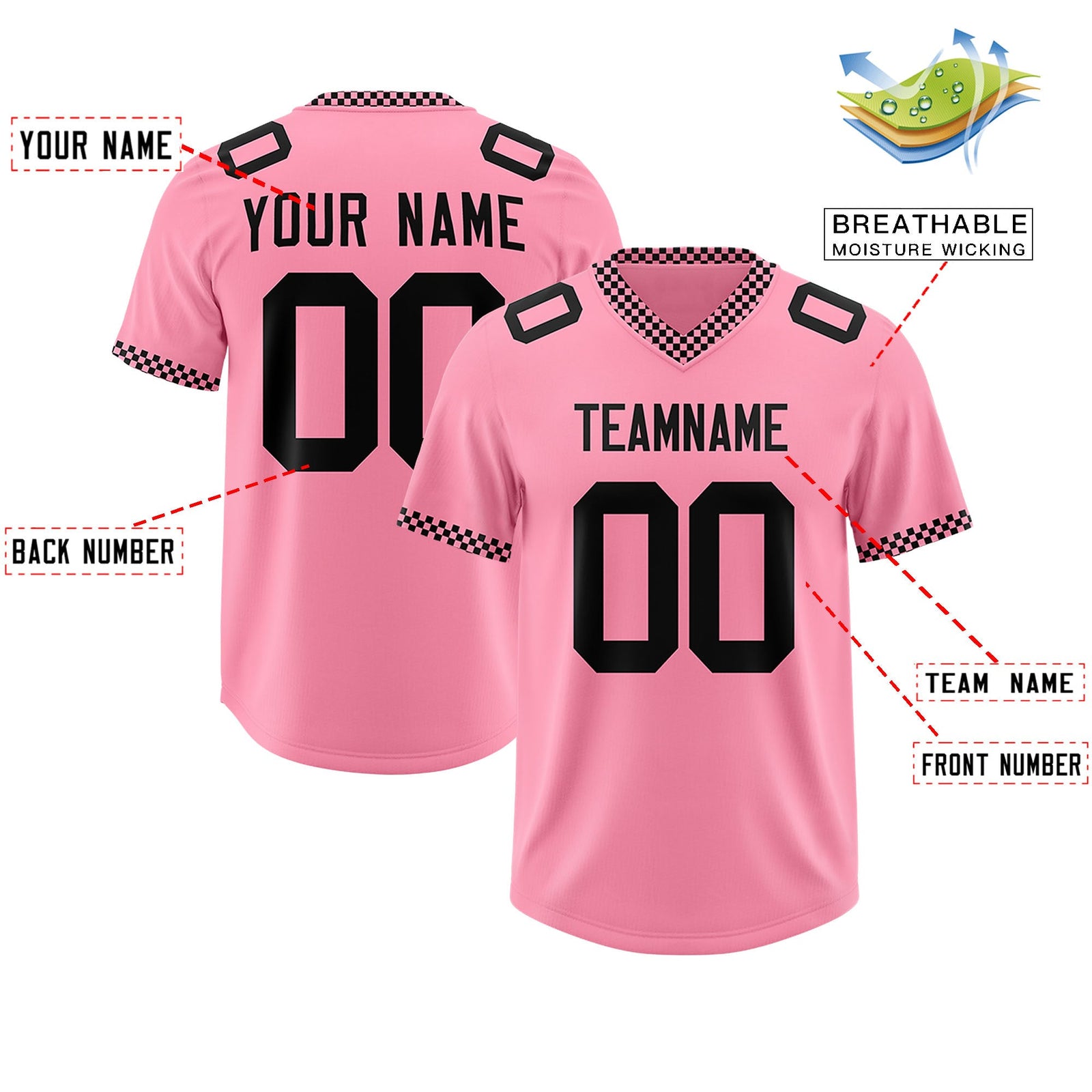 Custom Light Pink Black Personalized Neckline Square Classic Authentic Football Jersey