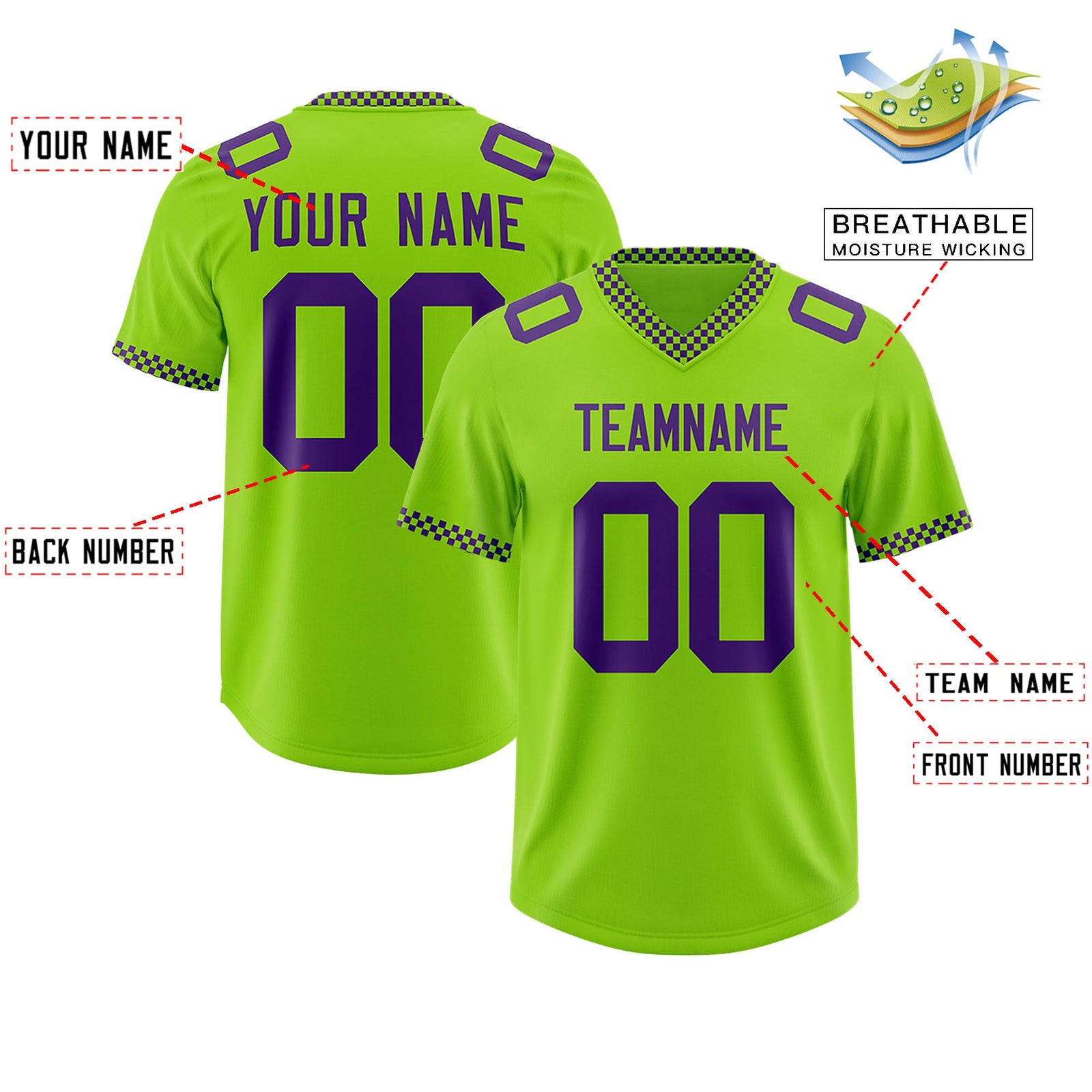 Custom Neon Green Purple Personalized Neckline Square Classic Authentic Football Jersey