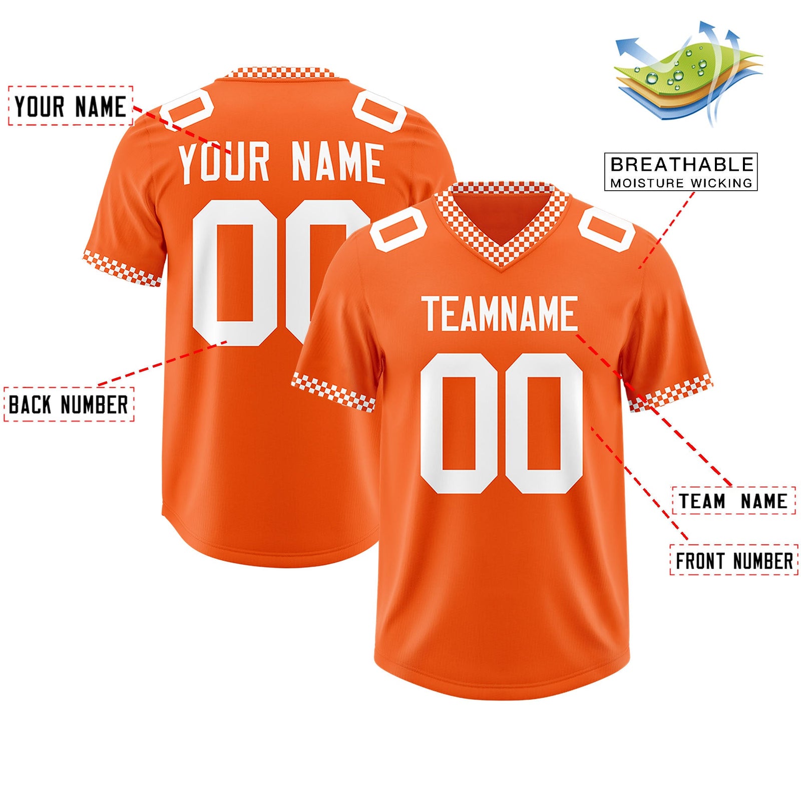 Custom Orange White Personalized Neckline Square Classic Authentic Football Jersey