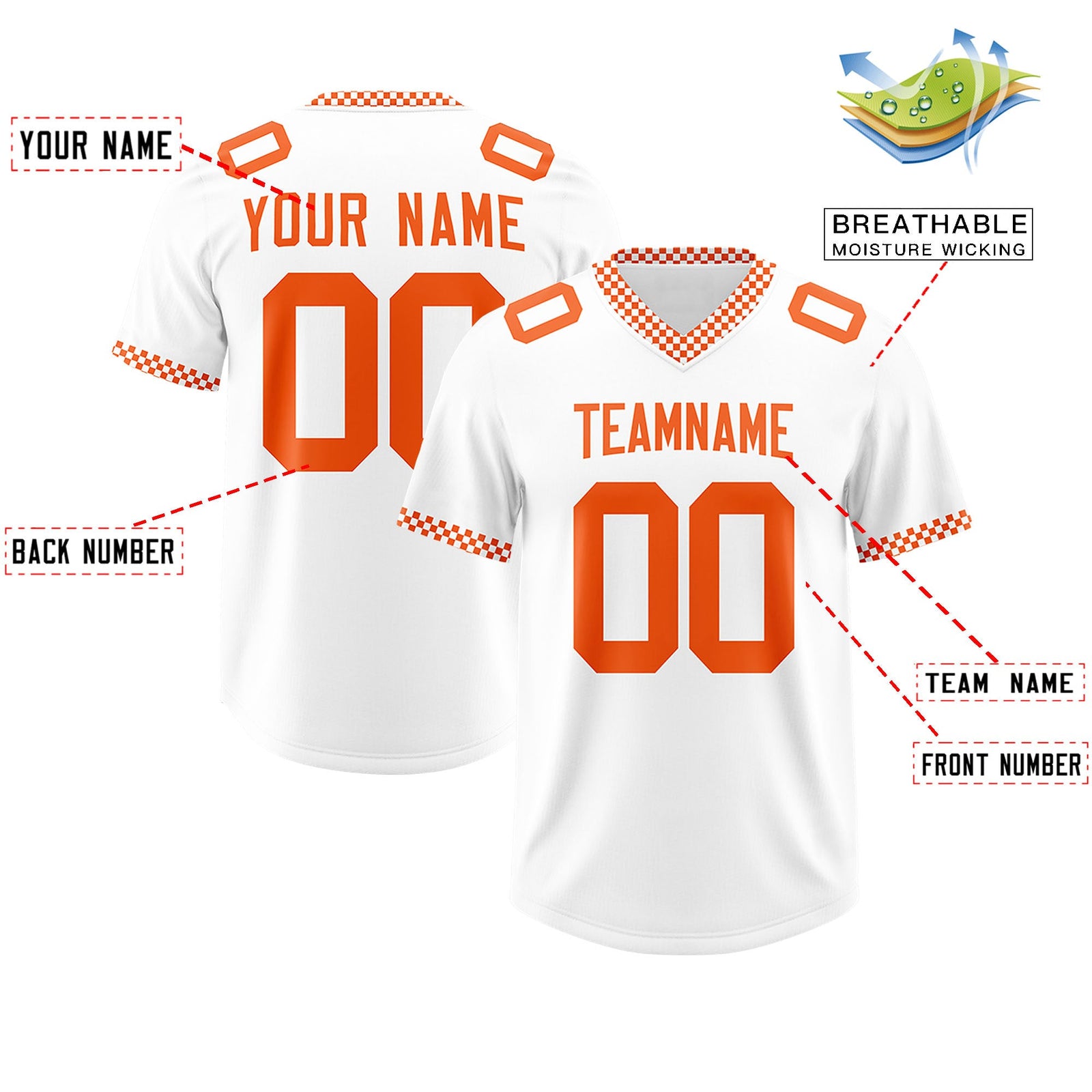 Custom White Orange Personalized Neckline Square Classic Authentic Football Jersey