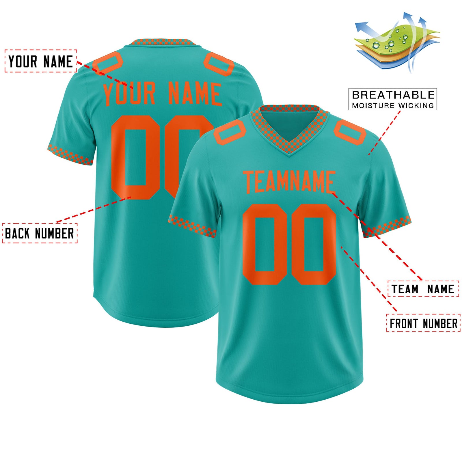 Custom Aqua Orange Personalized Neckline Square Classic Authentic Football Jersey