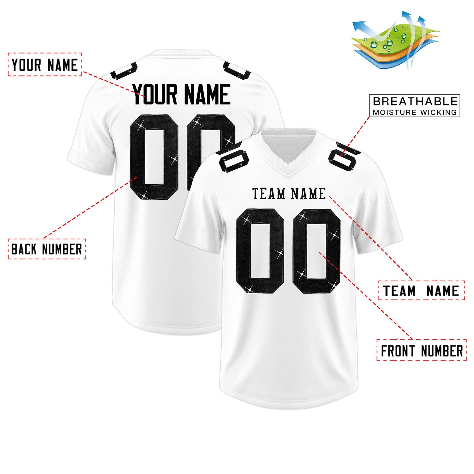 Custom White Black sequin lettering Breathable Football Jersey| KXKSHOP