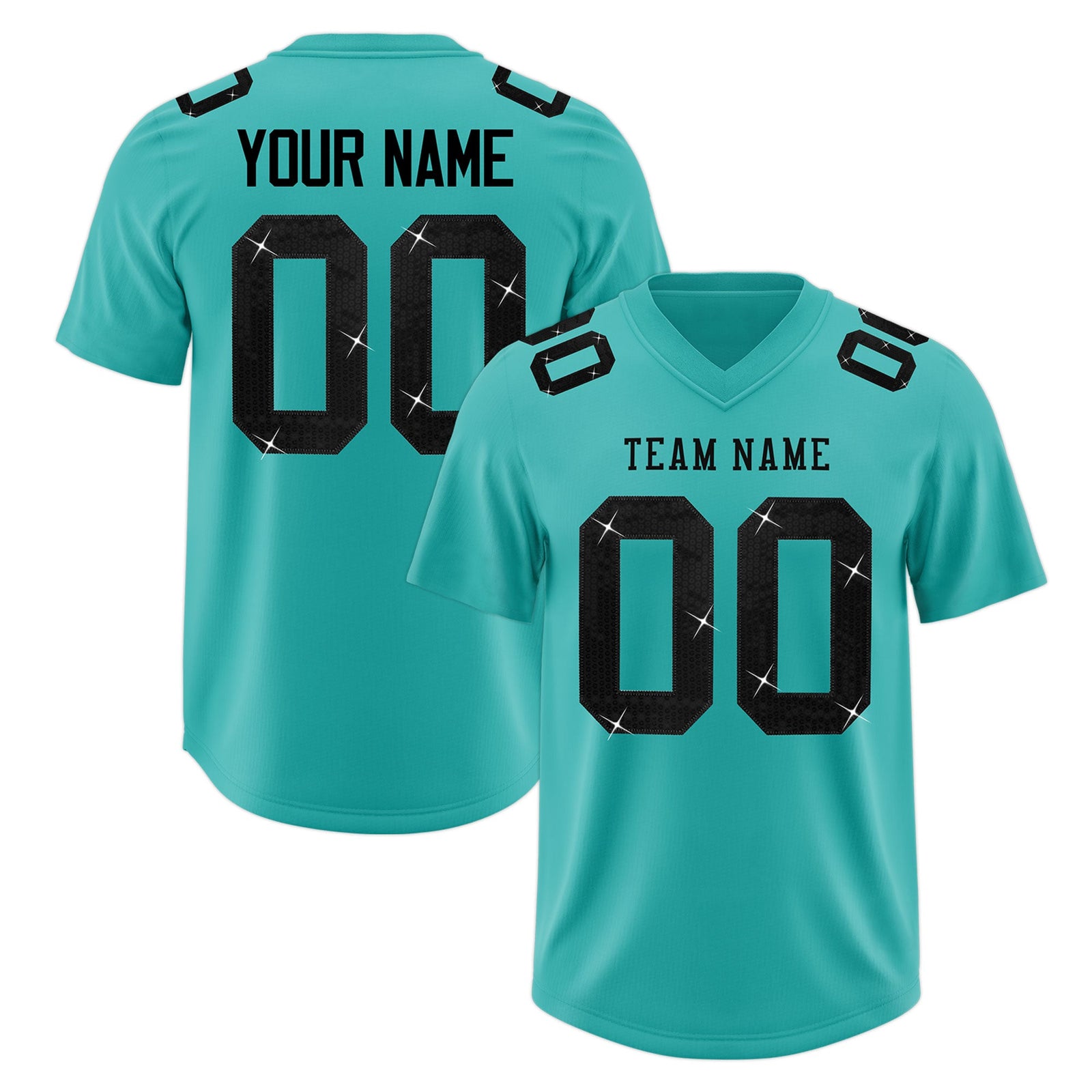 Custom Teal Black sequin lettering Stretch Fabric Football Jersey| KXKSHOP