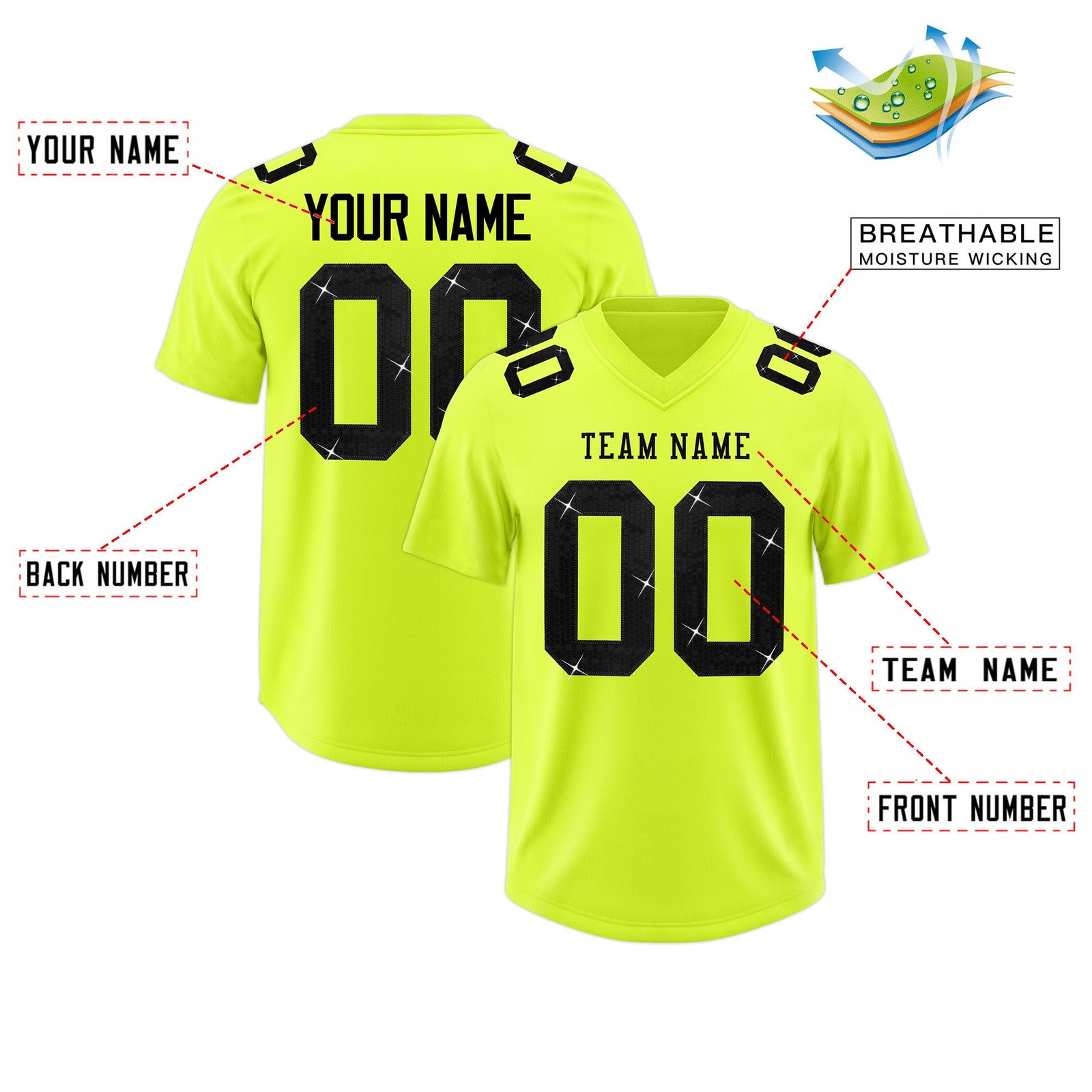 Custom Fluorescent Green Black sequin lettering Moisture-Wicking Football Jersey| KXKSHOP