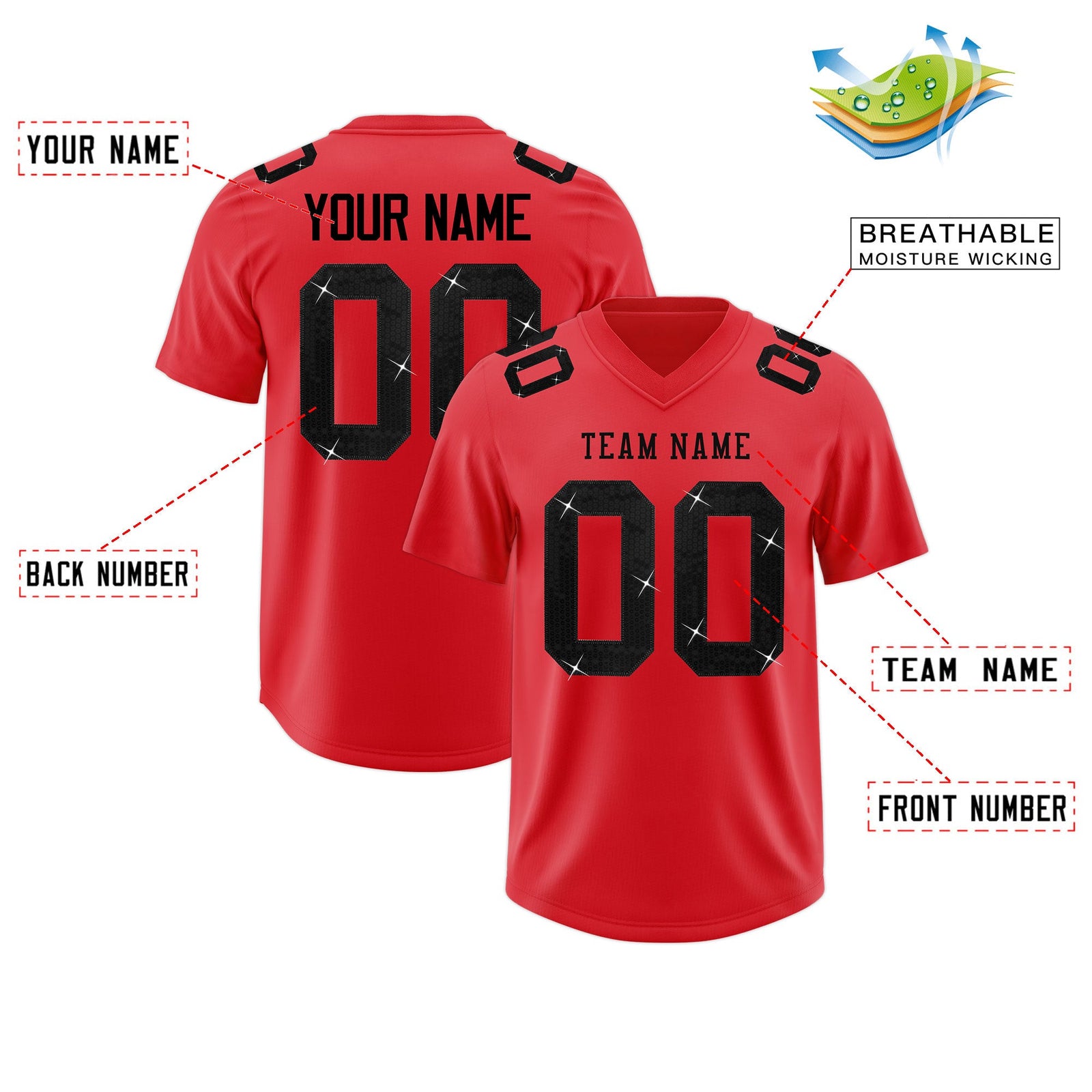 Custom Light Red Black sequin lettering Stretch Fabric Football Jersey| KXKSHOP