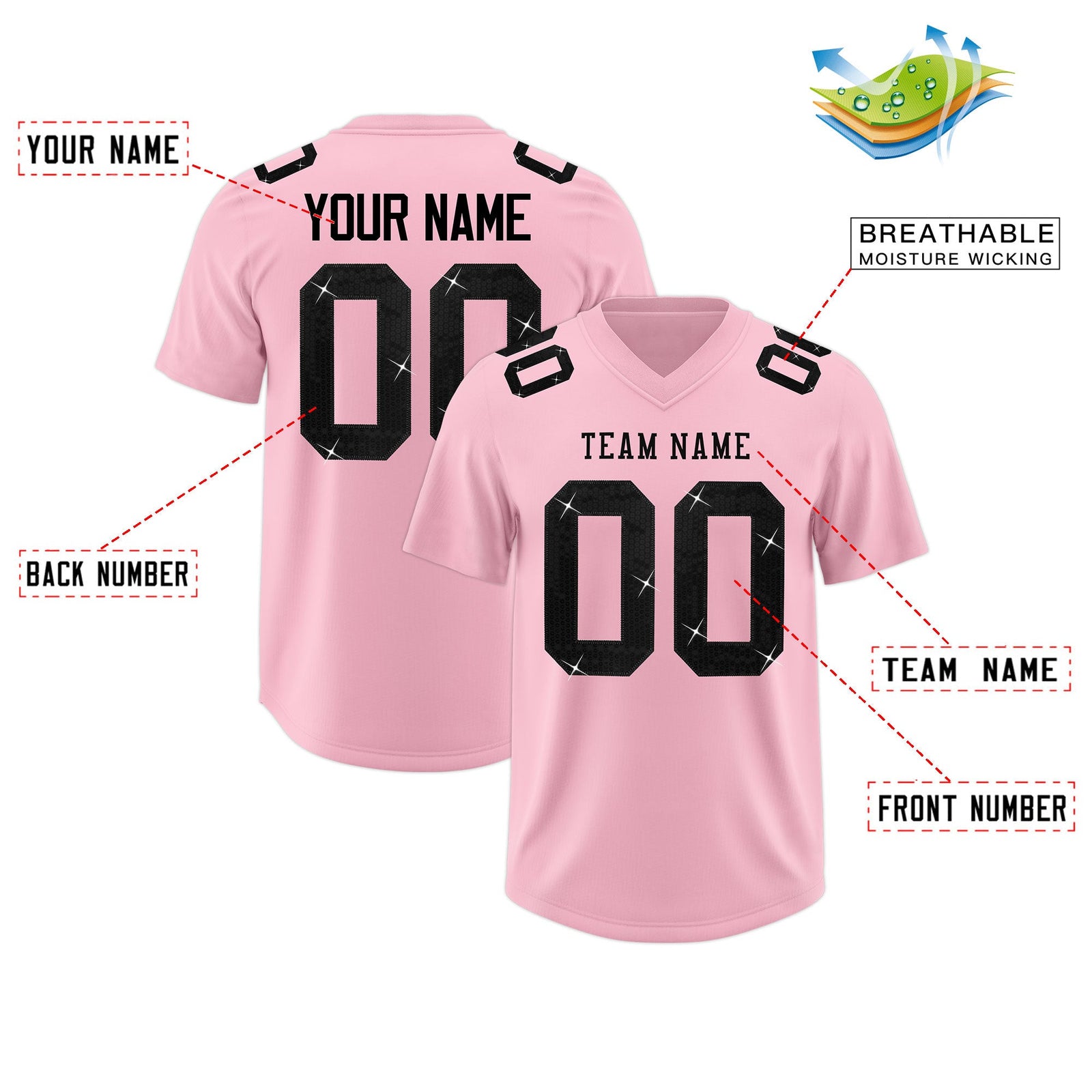 Custom Light Pink Black sequin lettering Stretch Fabric Football Jersey| KXKSHOP