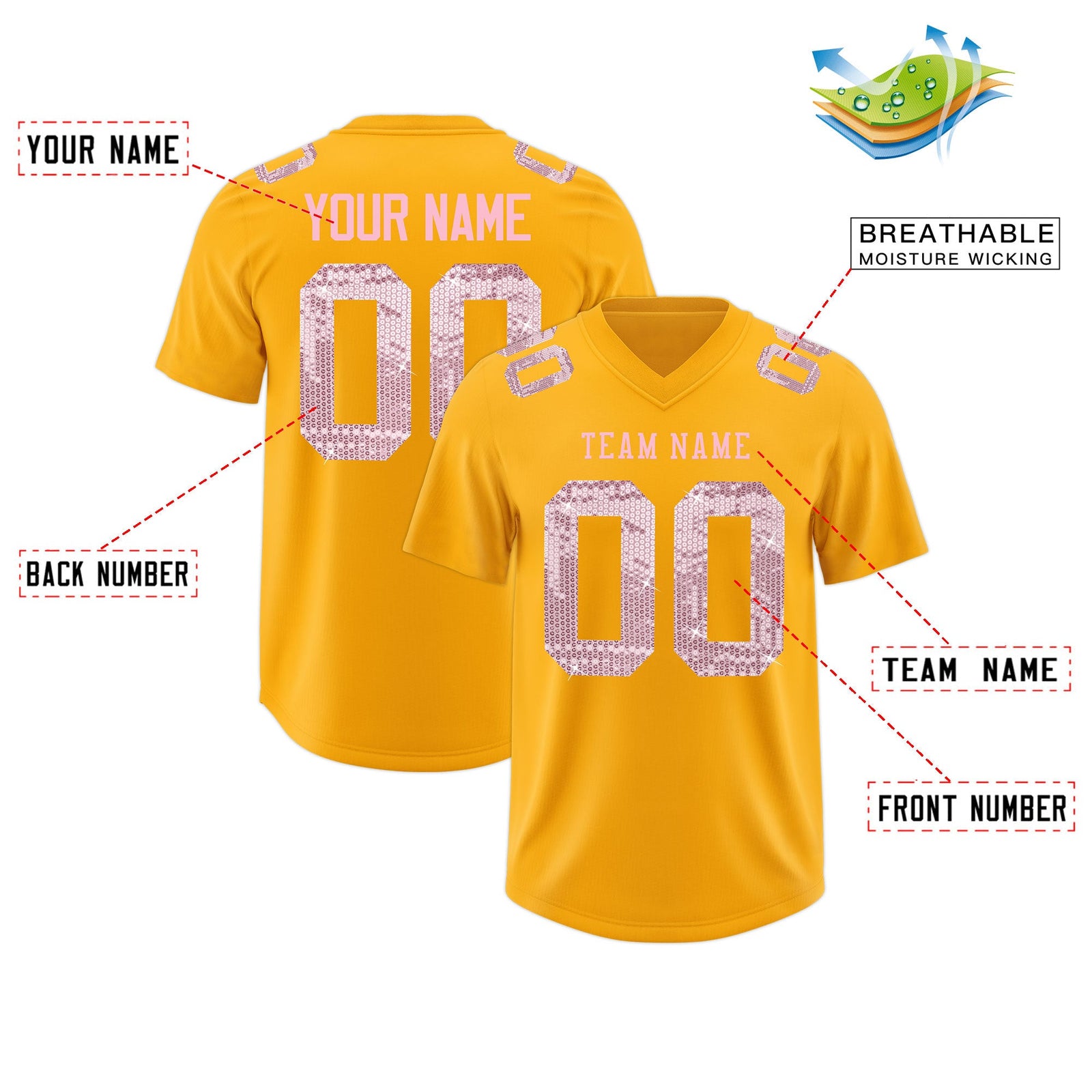 Custom Yellow Light Pink sequin lettering Stretch Fabric Football Jersey| KXKSHOP