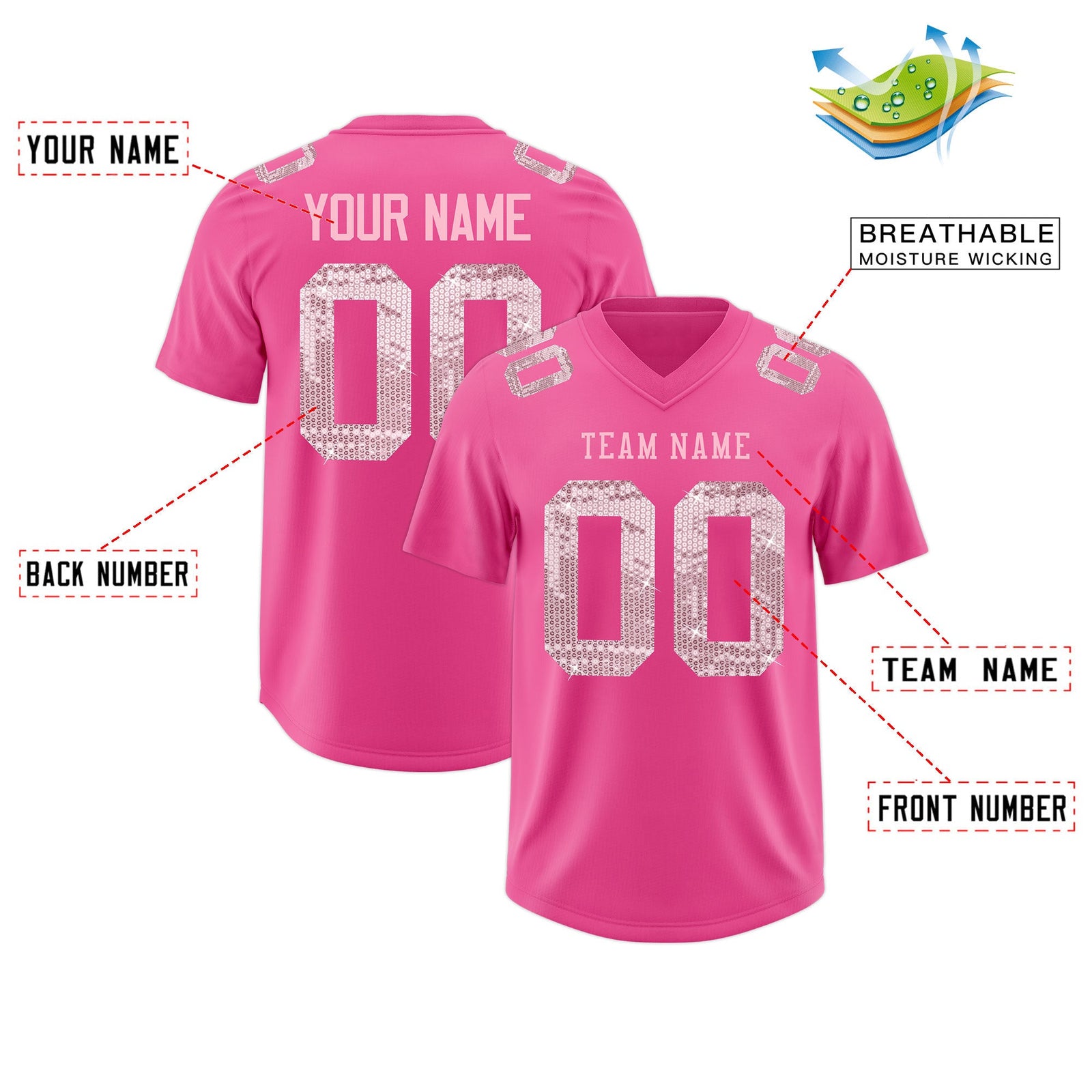 Custom Pink Light Pink sequin lettering Breathable Football Jersey| KXKSHOP