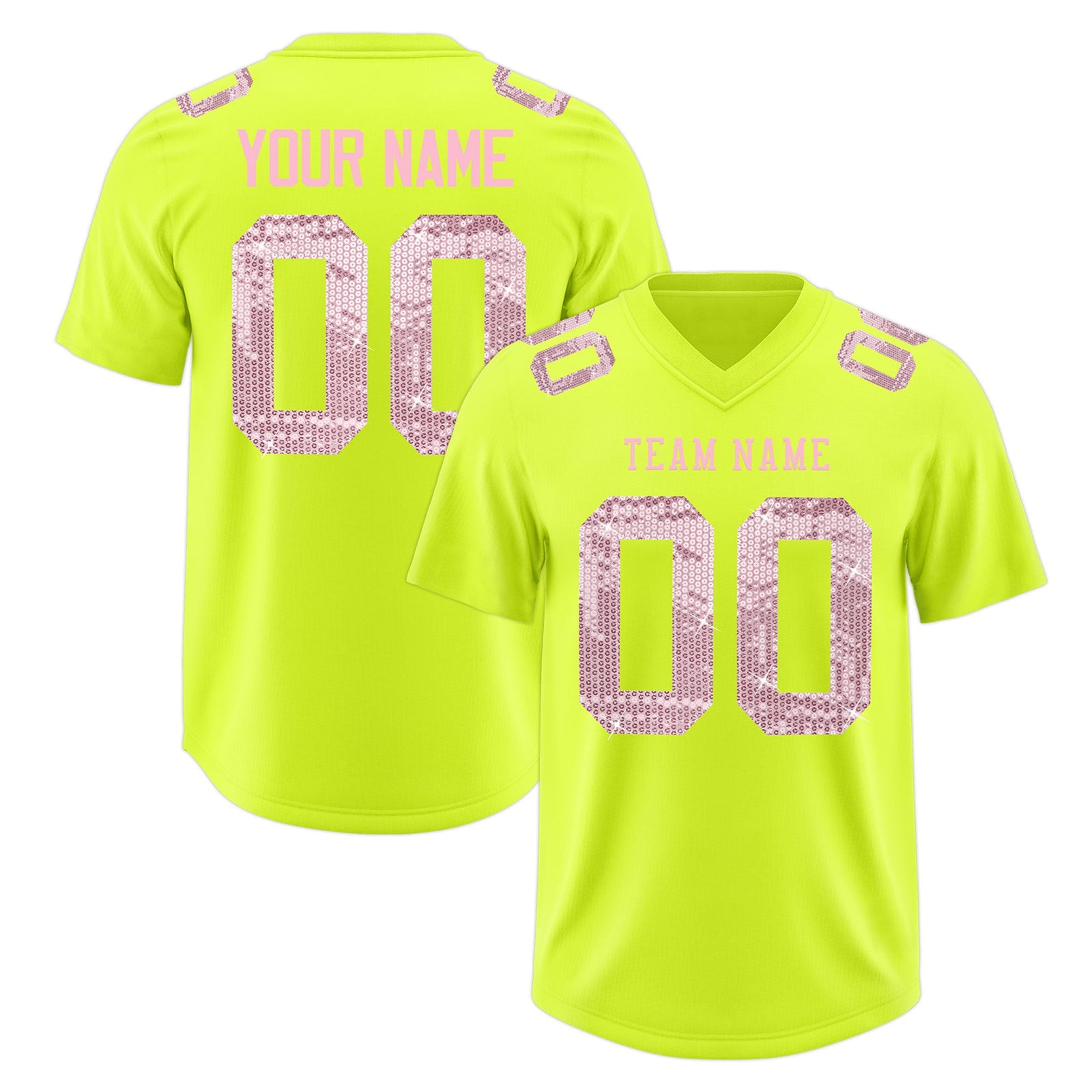 Custom Fluorescent Green Light Pink sequin lettering Stretch Fabric Football Jersey| KXKSHOP