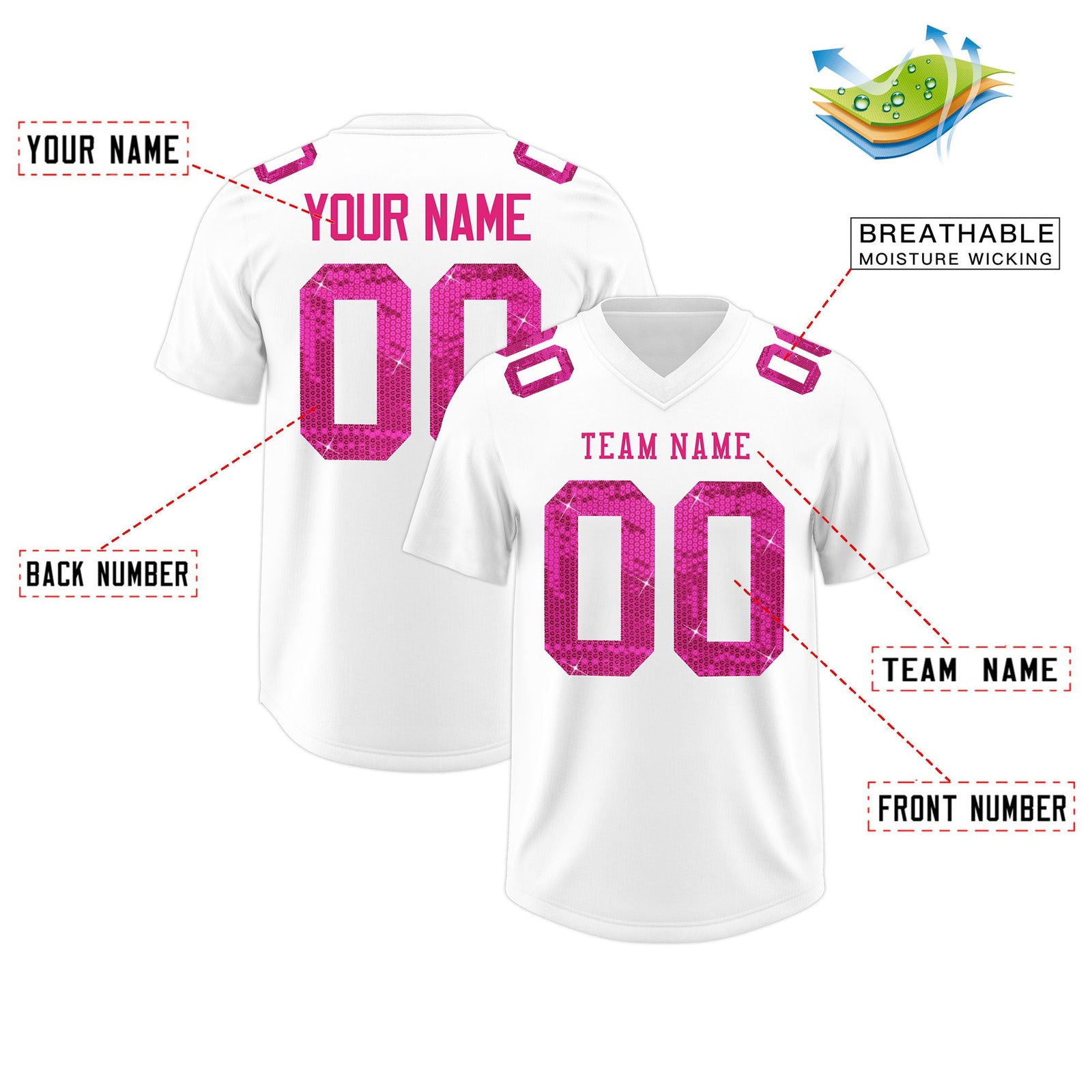 Custom White Pink sequin lettering Moisture-Wicking Football Jersey| KXKSHOP