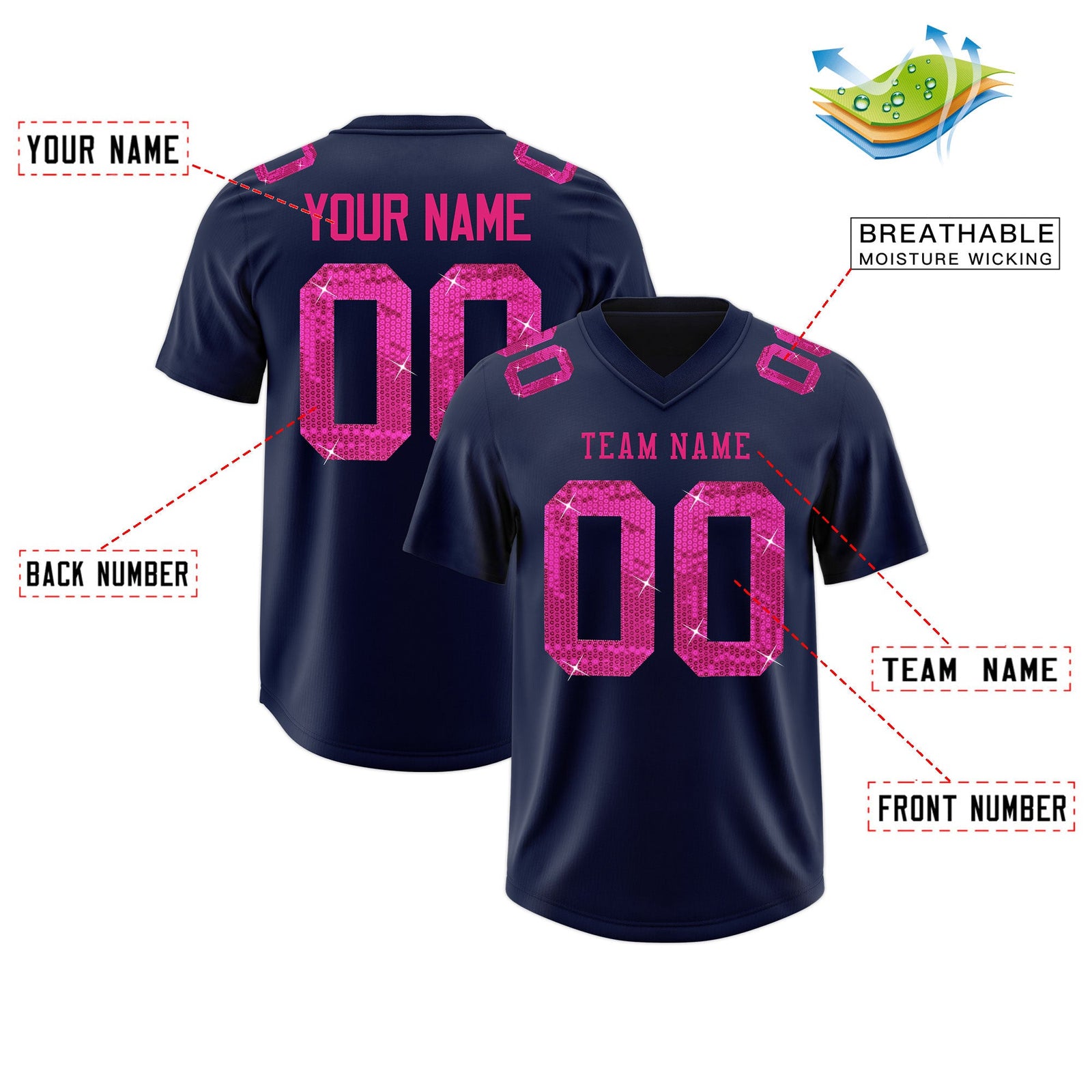Custom Navy Pink sequin lettering Stretch Fabric Football Jersey| KXKSHOP