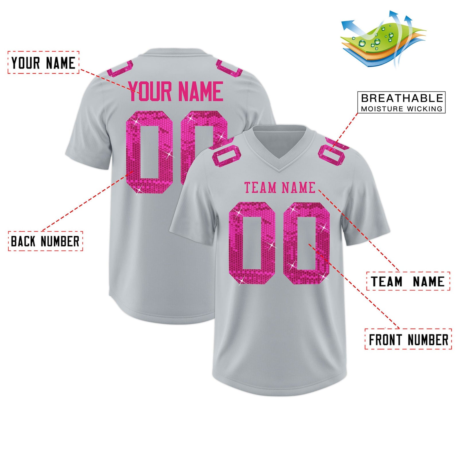 Custom Silver Pink sequin lettering Breathable Football Jersey| KXKSHOP