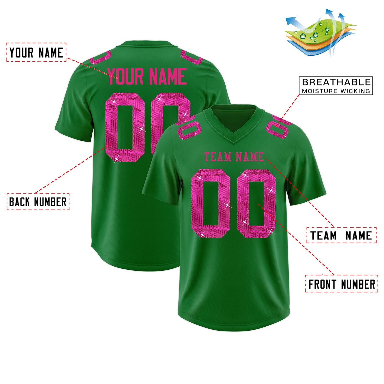 Custom Kelly Green Pink sequin lettering Stretch Fabric Football Jersey| KXKSHOP