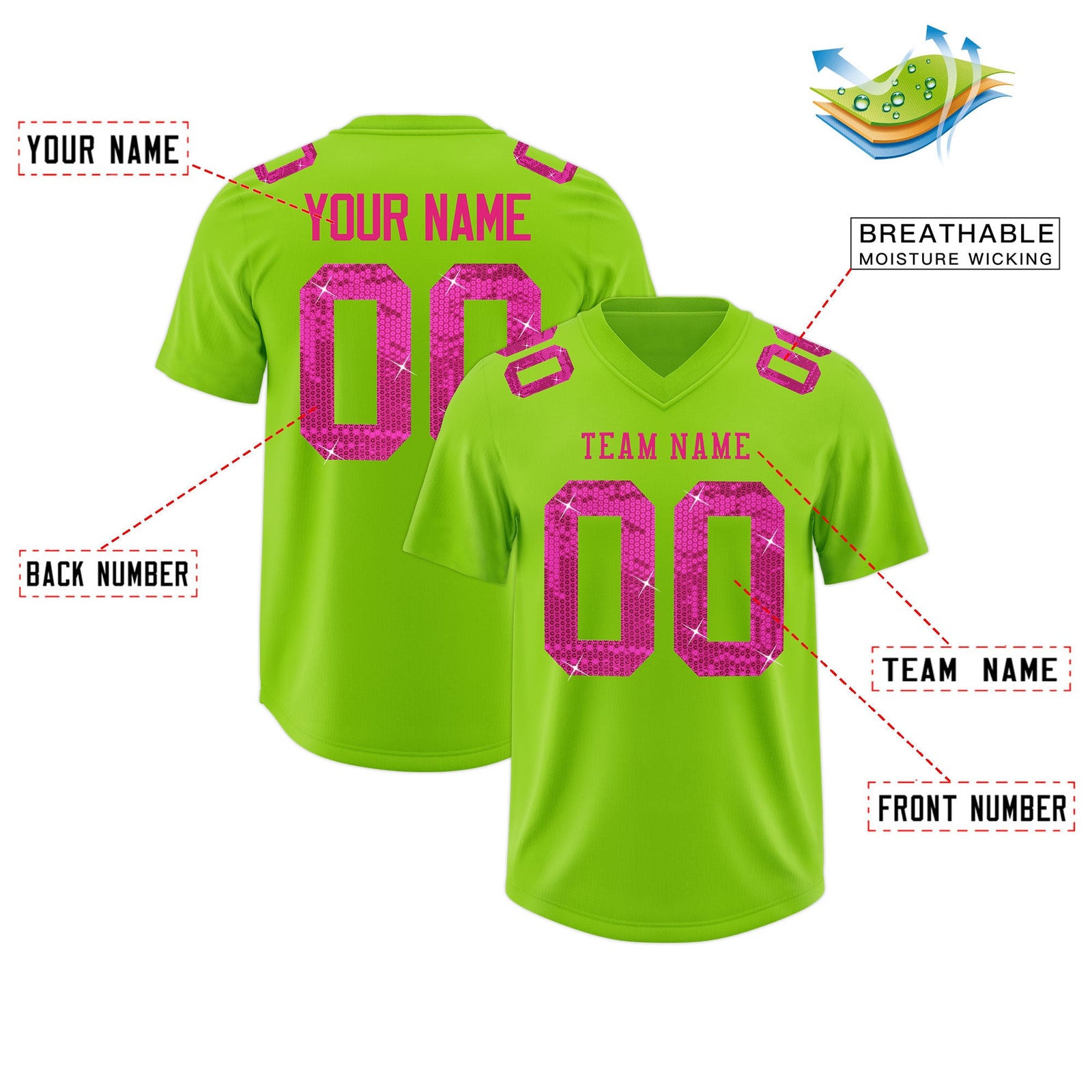 Custom Neon Green Pink sequin lettering Stretch Fabric Football Jersey| KXKSHOP