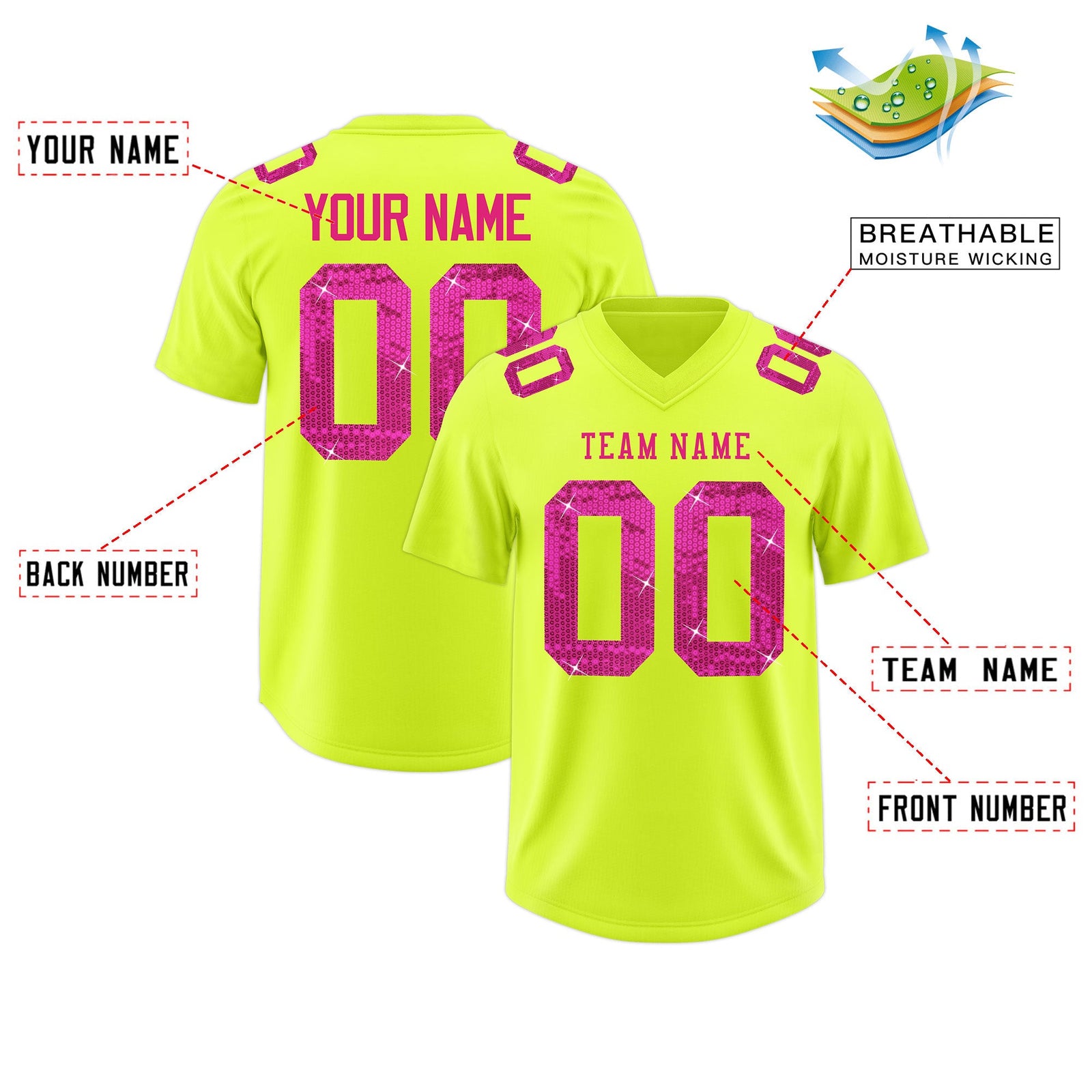Custom Fluorescent Green Pink sequin lettering Moisture-Wicking Football Jersey| KXKSHOP