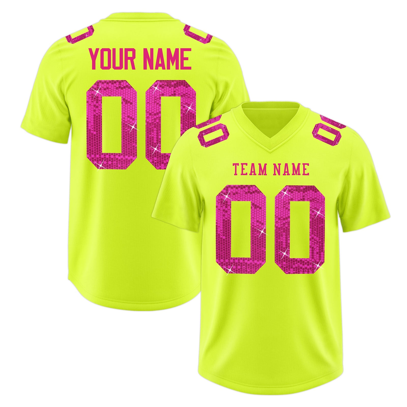 Custom Fluorescent Green Pink sequin lettering Moisture-Wicking Football Jersey| KXKSHOP