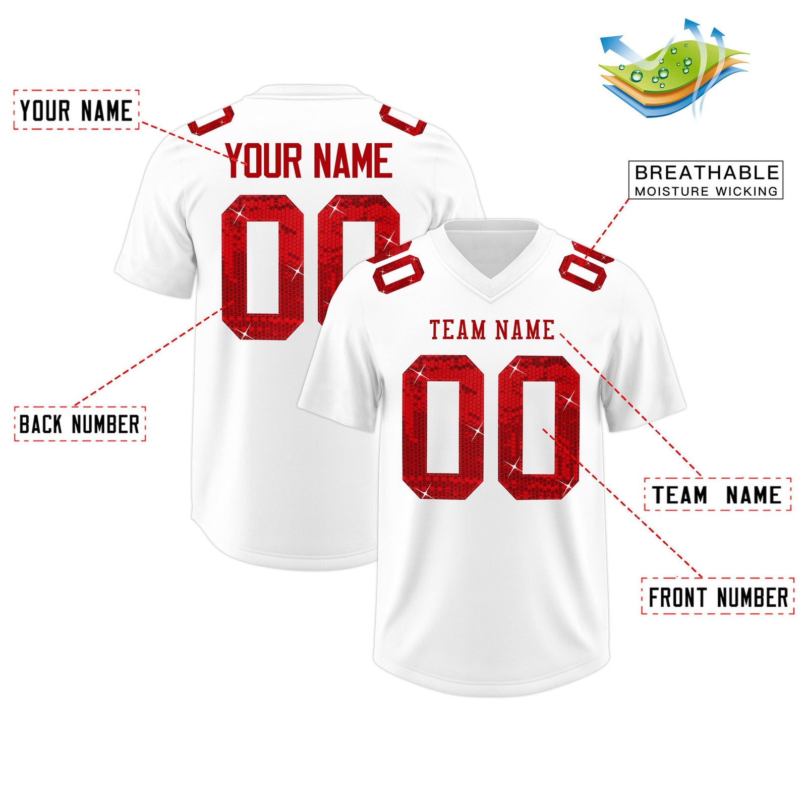 Custom White Red sequin lettering Moisture-Wicking Football Jersey| KXKSHOP