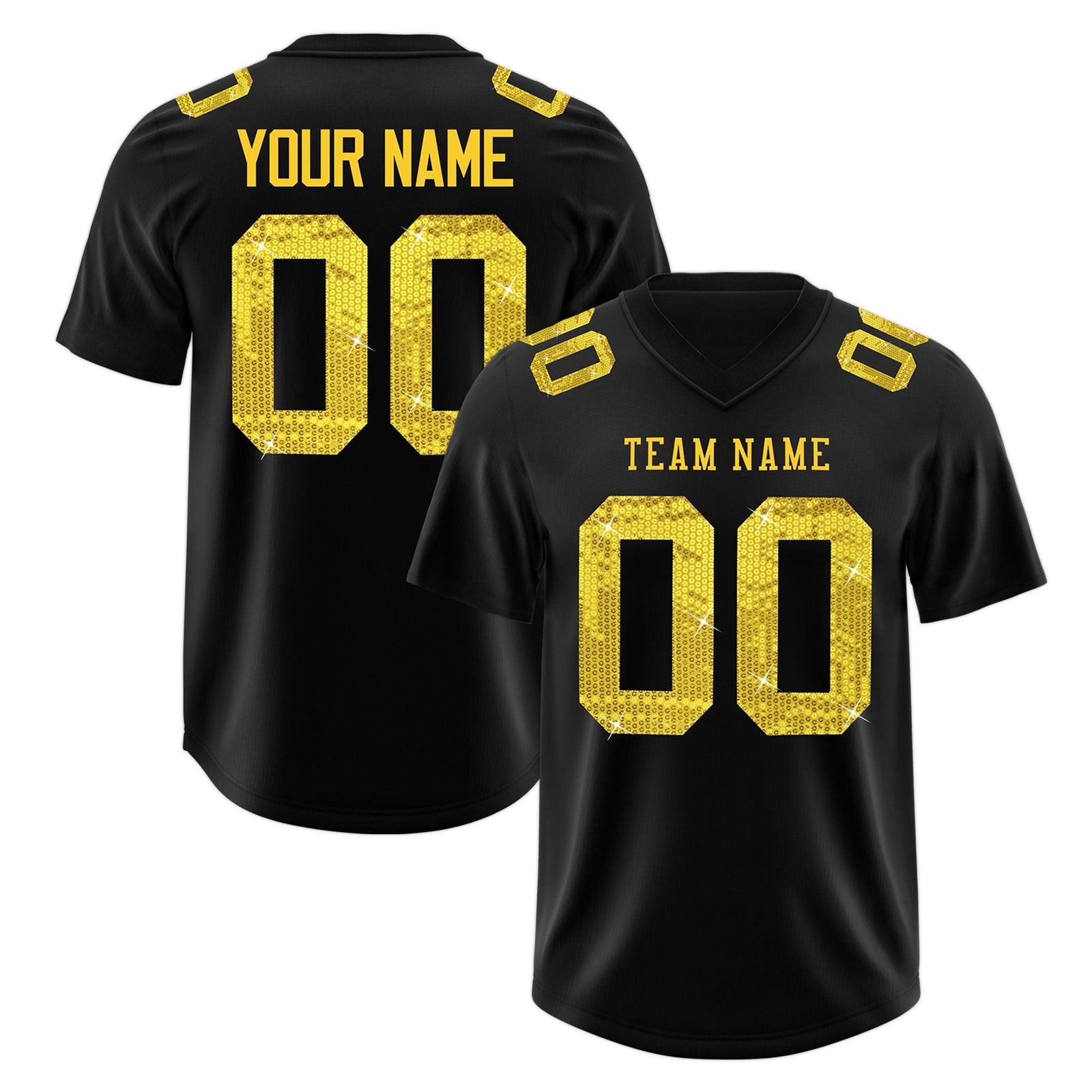 Custom Black Gold sequin lettering Stretch Fabric Football Jersey| KXKSHOP