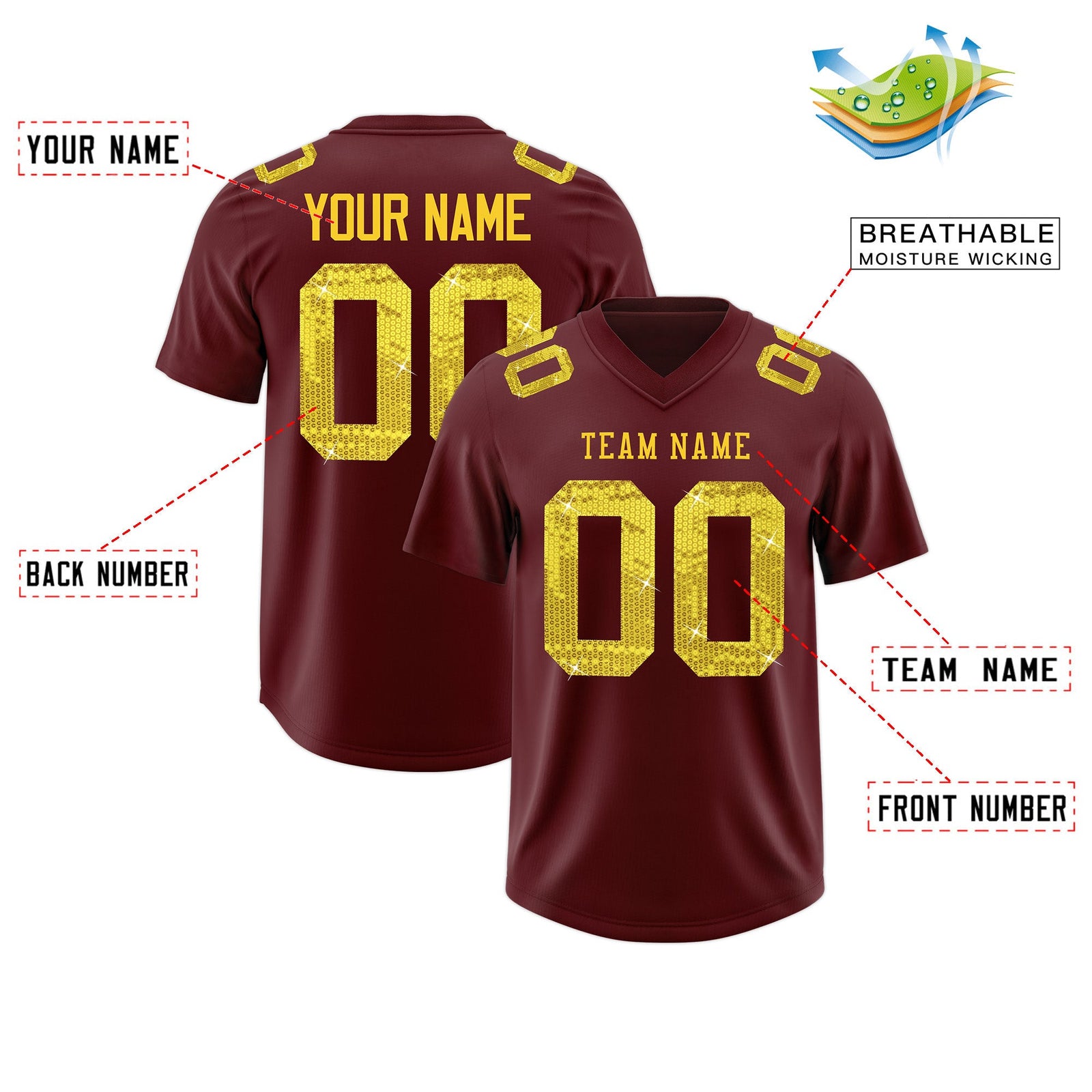 Custom Burgundy Gold sequin lettering Stretch Fabric Football Jersey| KXKSHOP