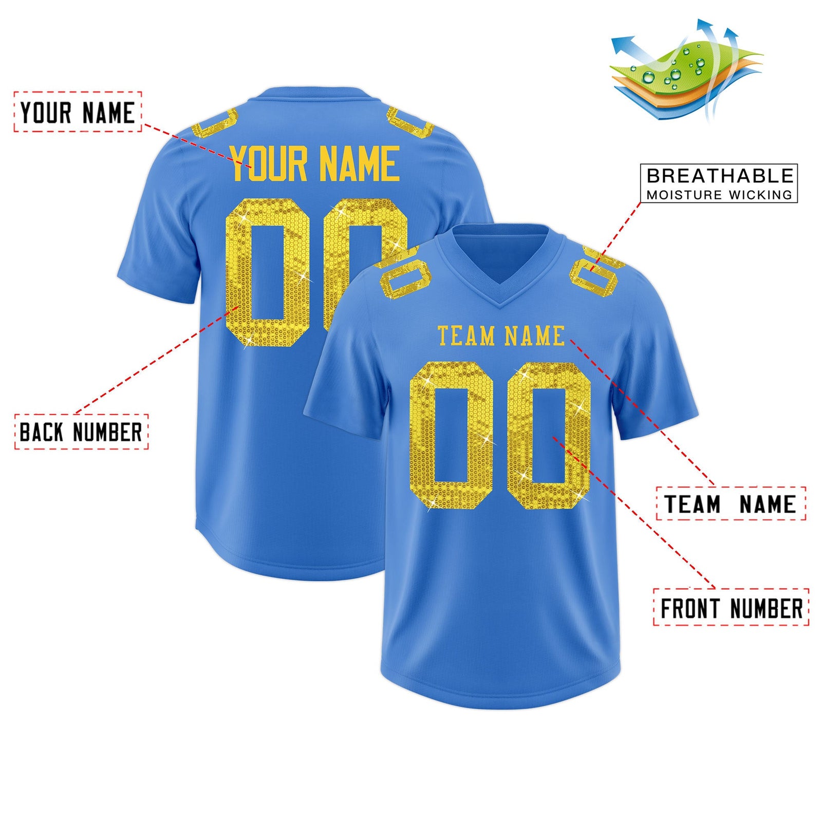 Custom Powder Blue Gold sequin lettering Breathable Football Jersey| KXKSHOP