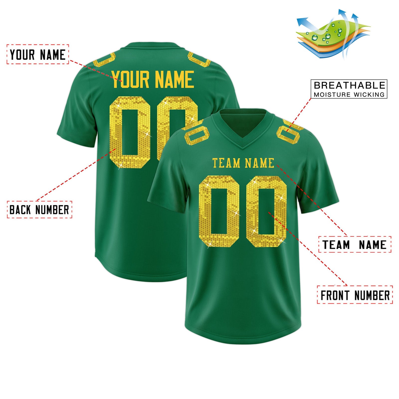 Custom Kelly Green Gold sequin lettering Moisture-Wicking Football Jersey| KXKSHOP