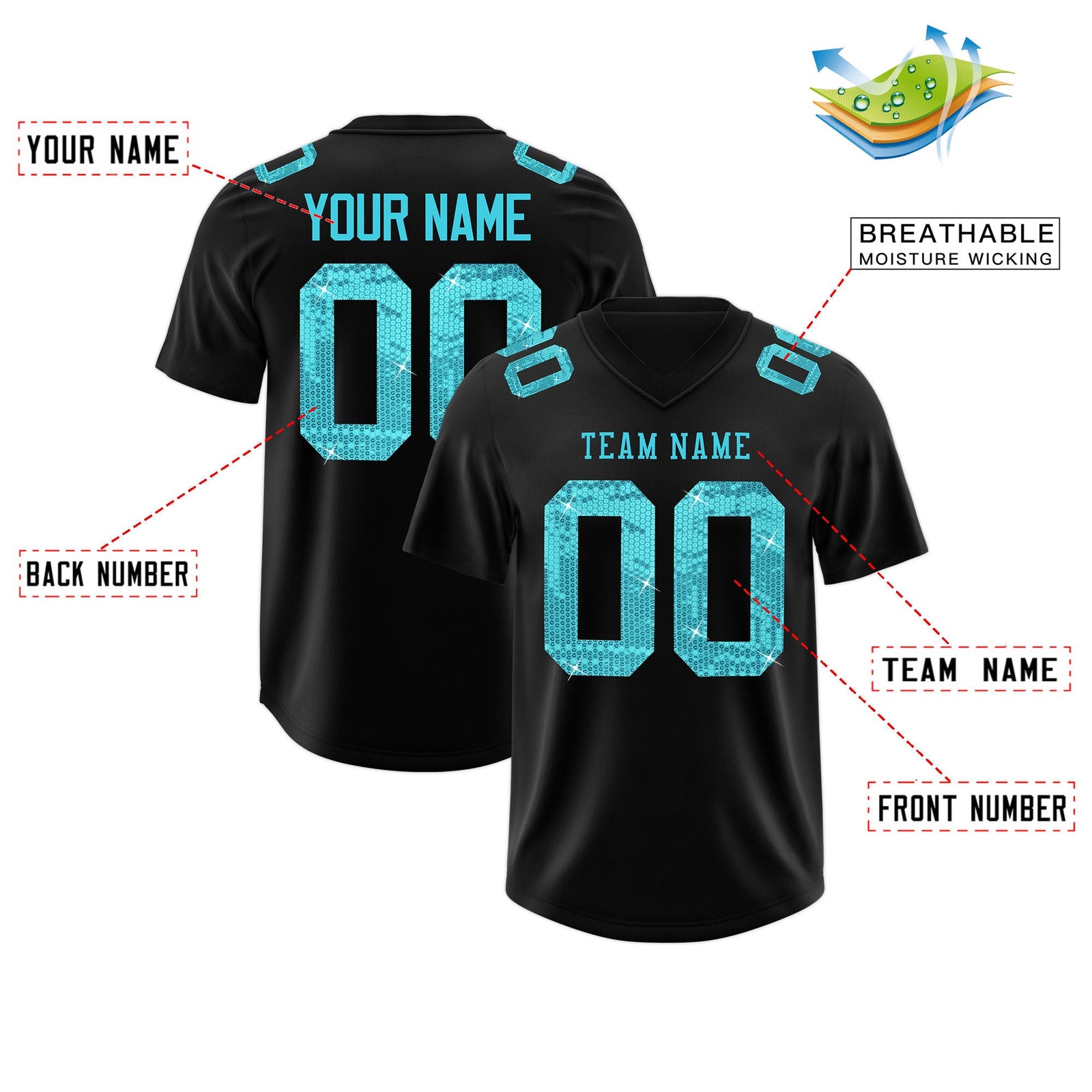 Custom Black Sky Blue sequin lettering Breathable Football Jersey| KXKSHOP