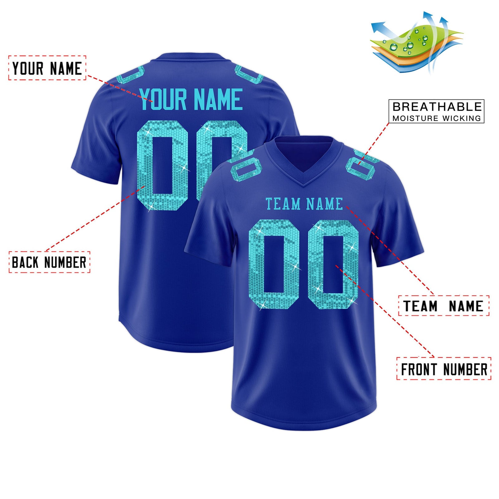 Custom Royal Blue Sky Blue sequin lettering Breathable Football Jersey| KXKSHOP