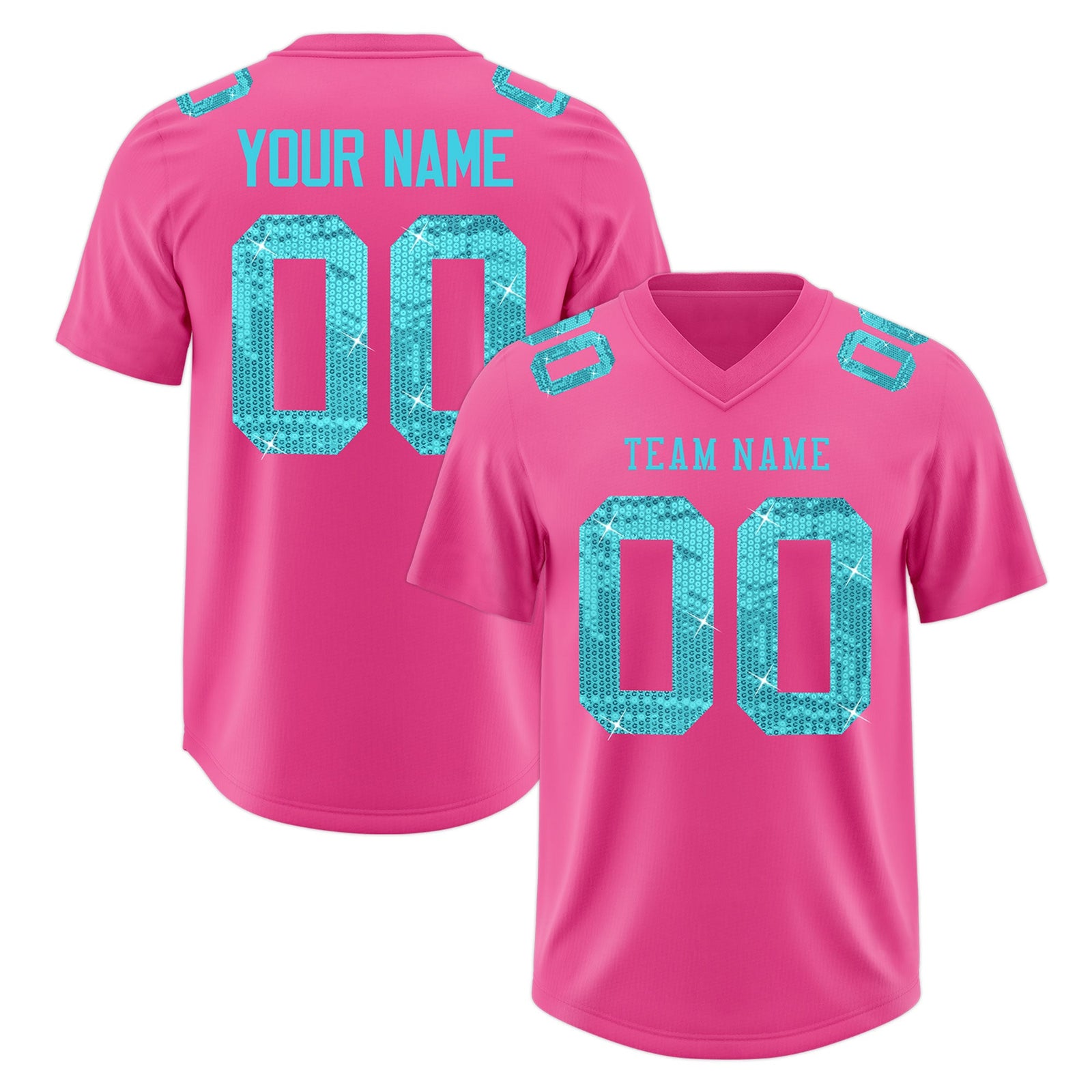 Custom Pink Sky Blue sequin lettering Stretch Fabric Football Jersey| KXKSHOP