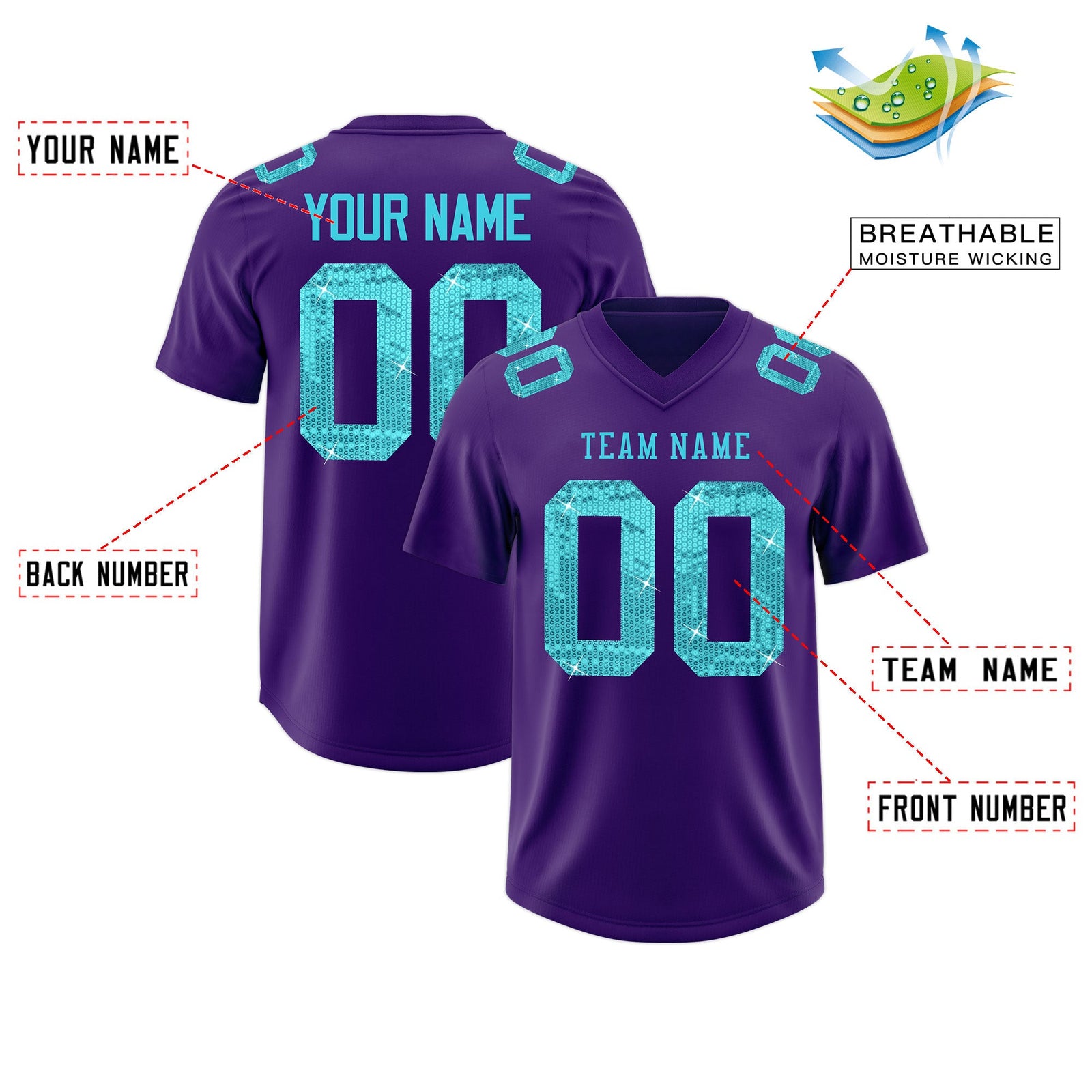 Custom Purple Sky Blue sequin lettering Breathable Football Jersey| KXKSHOP