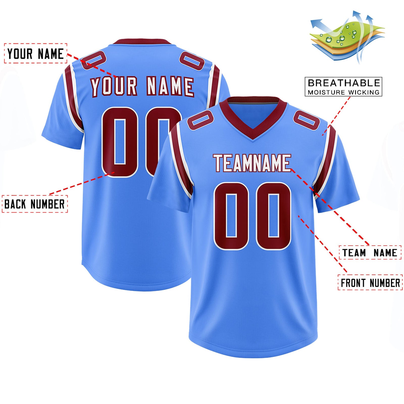 Custom Powder Blue Personalized Shoulder Cut Two-Tone Authentic Football Jersey
