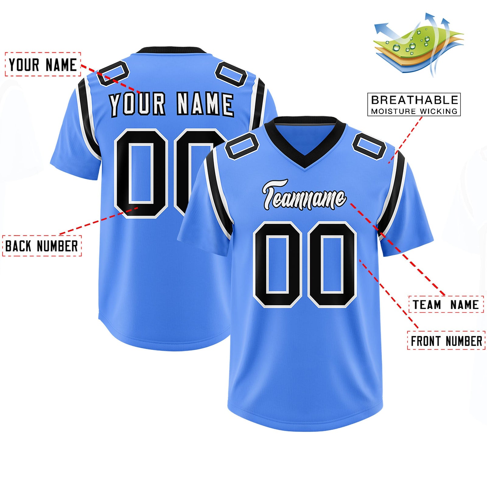 Custom Powder Blue Personalized Shoulder Cut Two-Tone Authentic Football Jersey