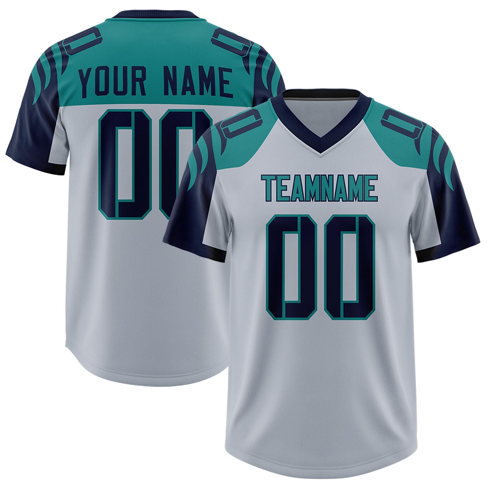 Custom Silver Navy Raglan Sleeves Personalized Pattern Authentic Football Jersey