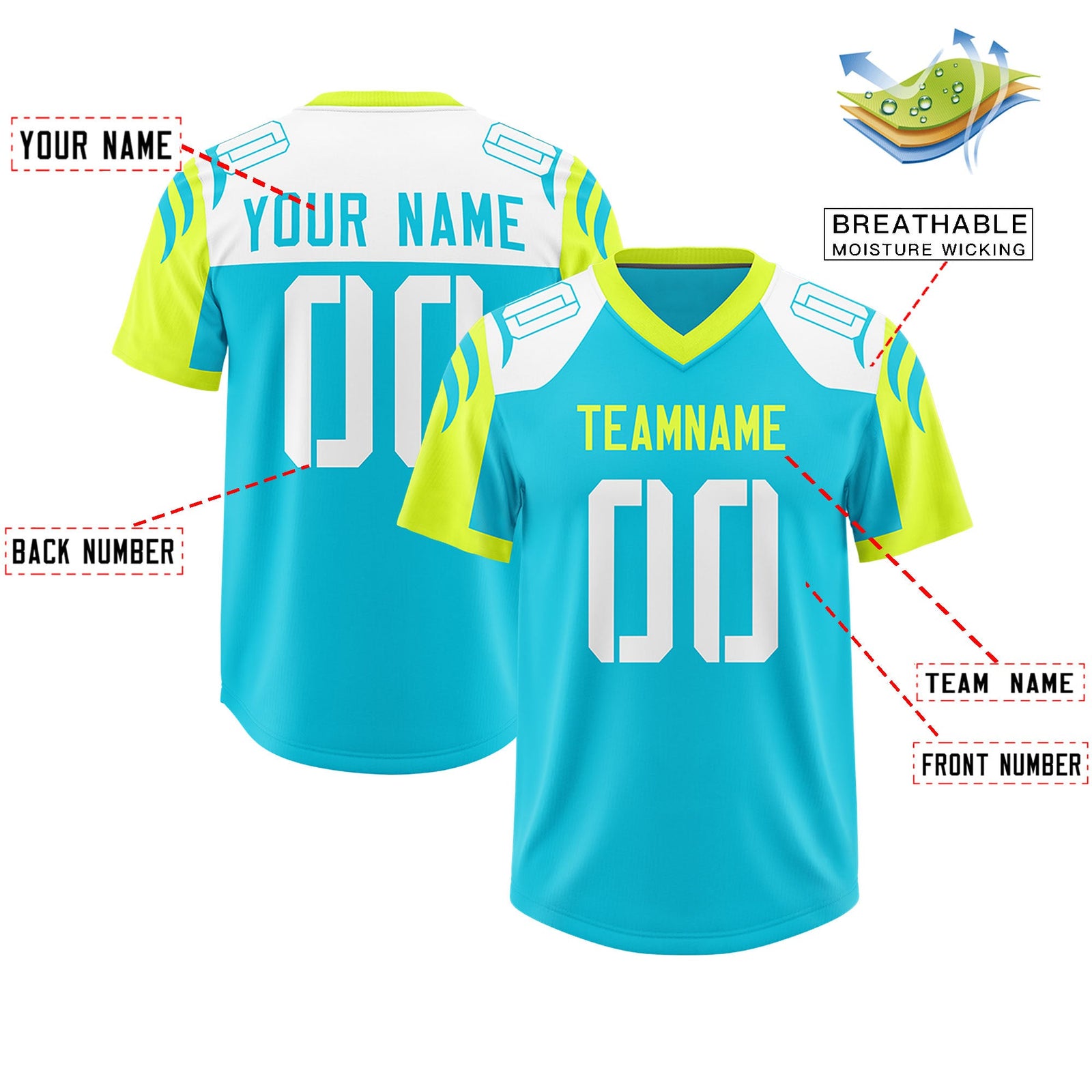 Custom Sky Blue Fluorescent Green Raglan Sleeves Personalized Pattern Authentic Football Jersey