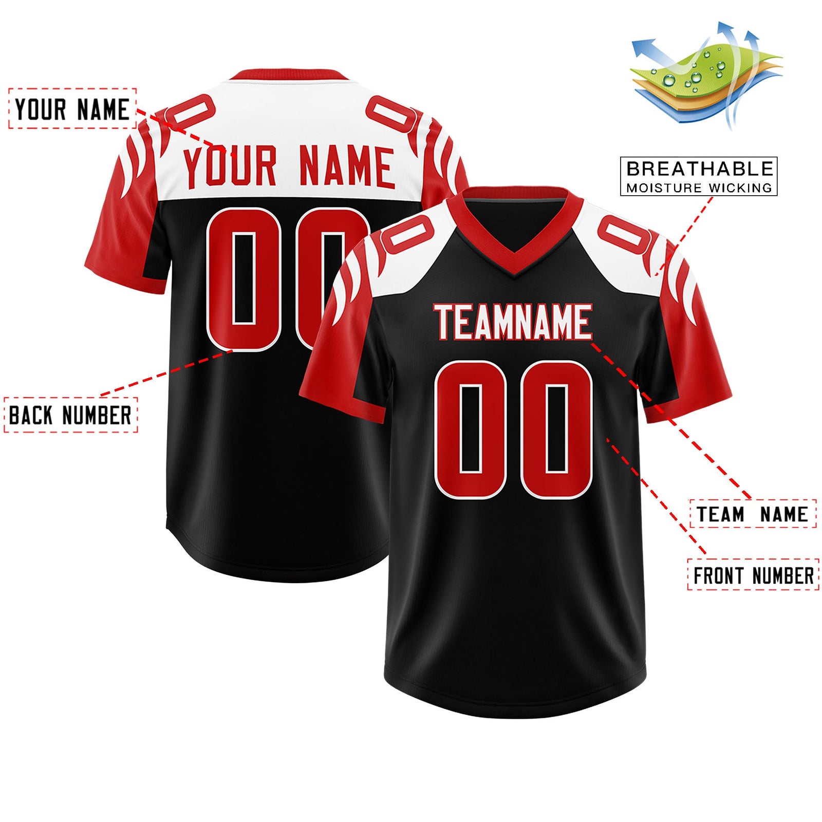 Custom Black Red Raglan Sleeves Personalized Pattern Authentic Football Jersey