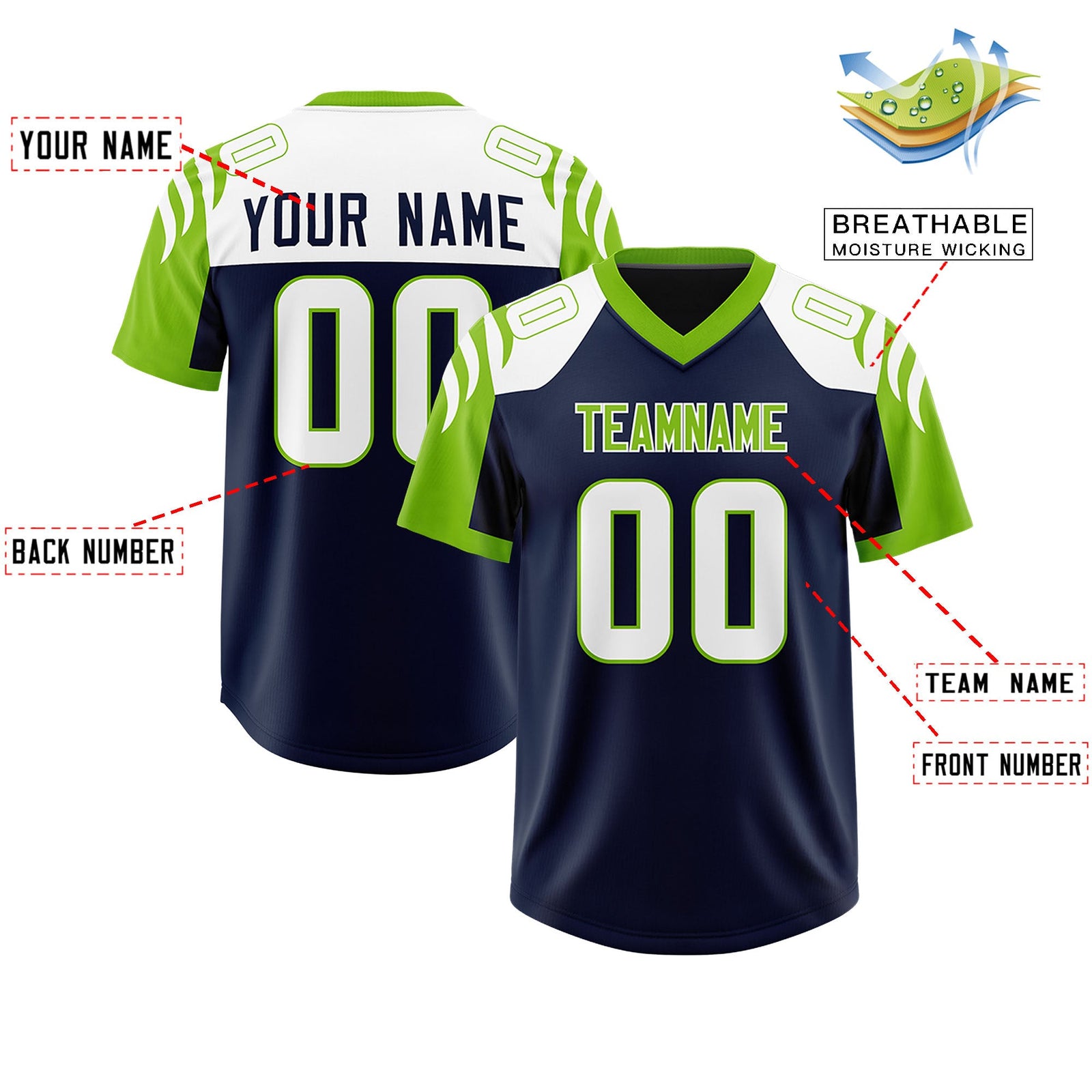 Custom Navy Neon Green Raglan Sleeves Personalized Pattern Authentic Football Jersey