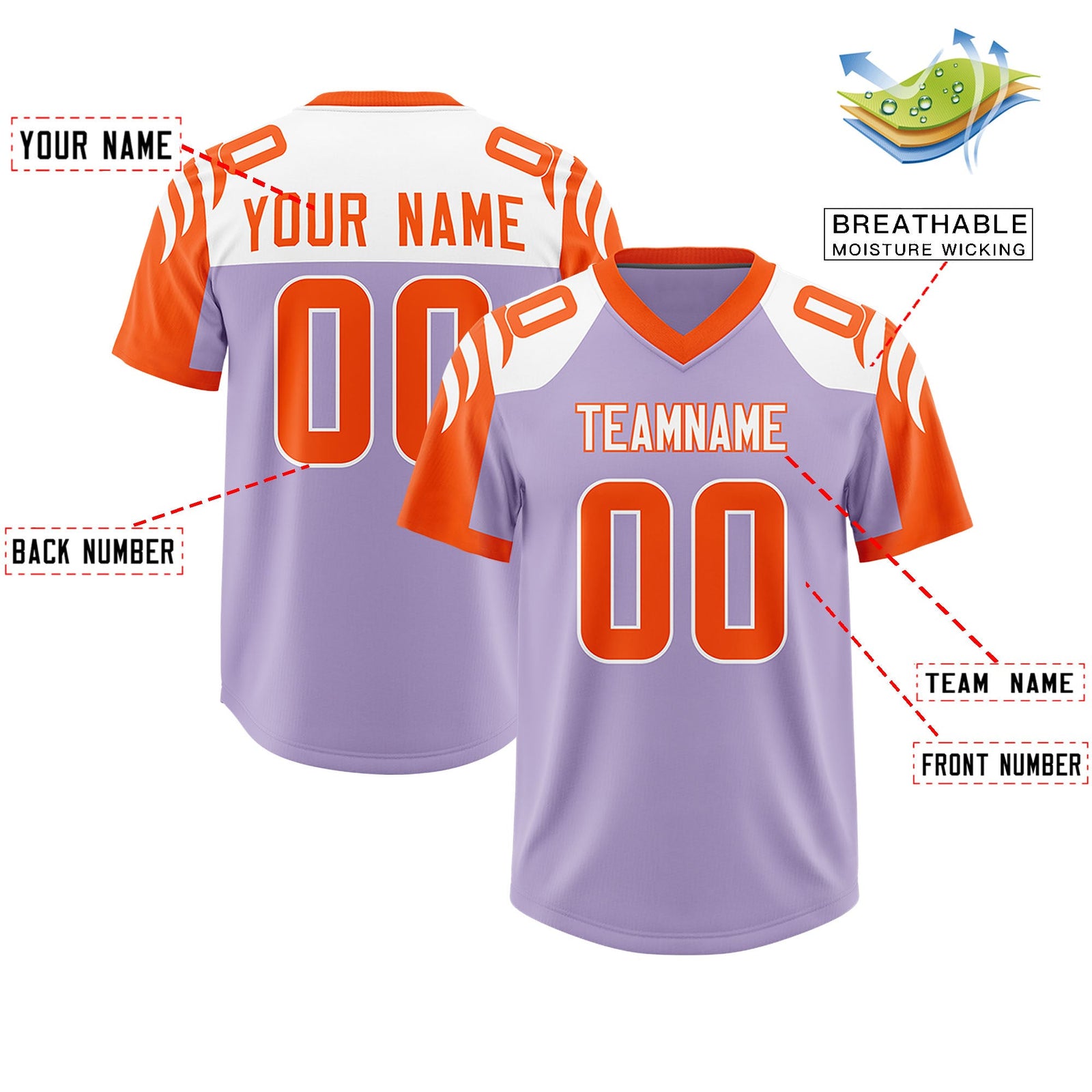 Custom Light Purple Orange Raglan Sleeves Personalized Pattern Authentic Football Jersey