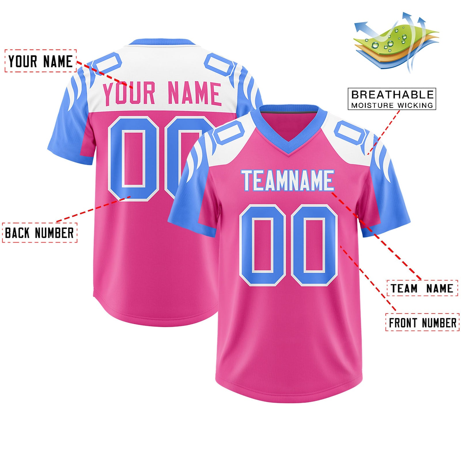 Custom Pink Powder Blue Raglan Sleeves Personalized Pattern Authentic Football Jersey